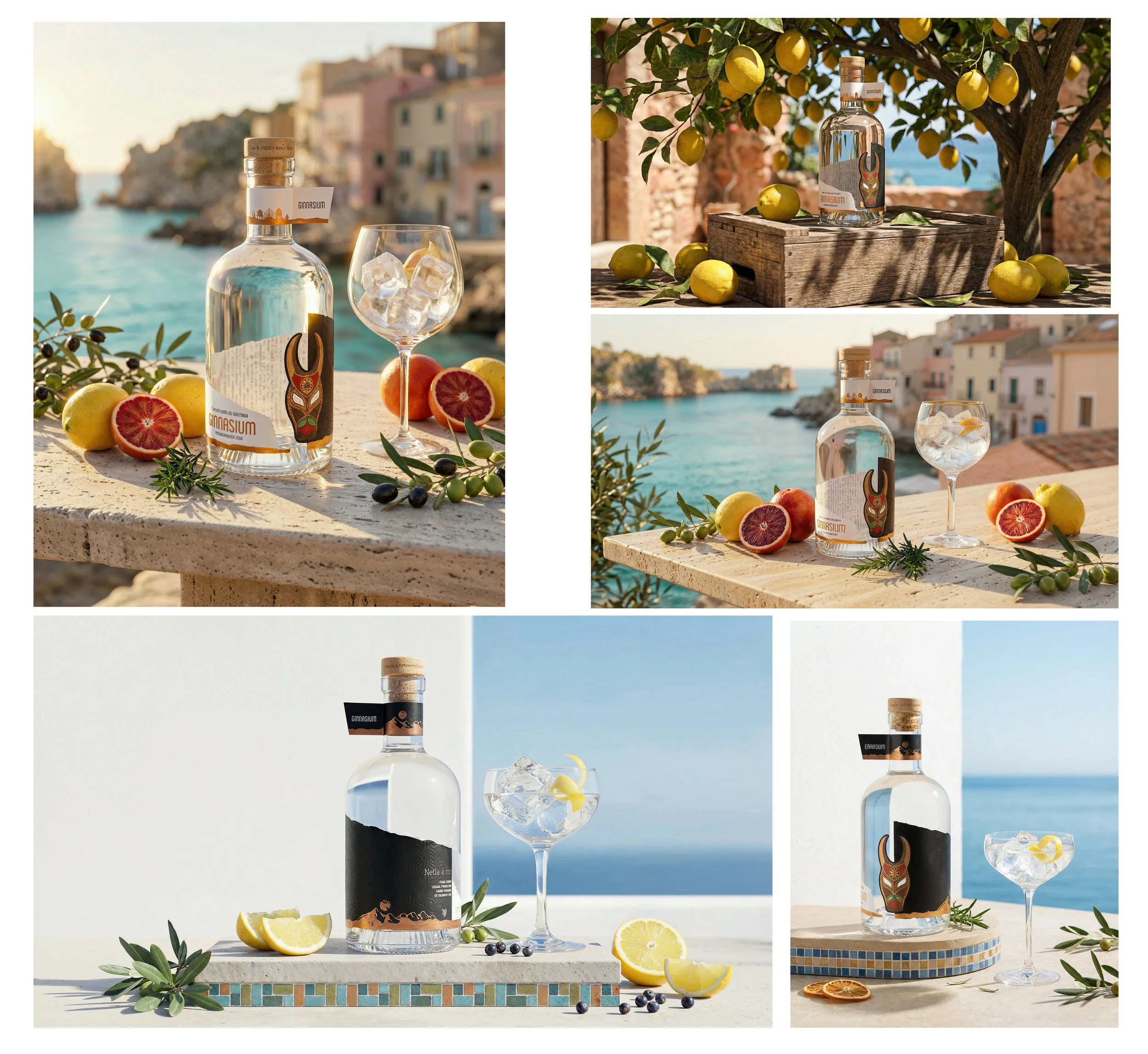 Collection of five images showcasing bottles of spirits complemented by lemons, grapes, herbs, and glasses with ice, set in Mediterranean outdoor scenes with coastal backgrounds. AI-generated bottle presentation Sicilian. 