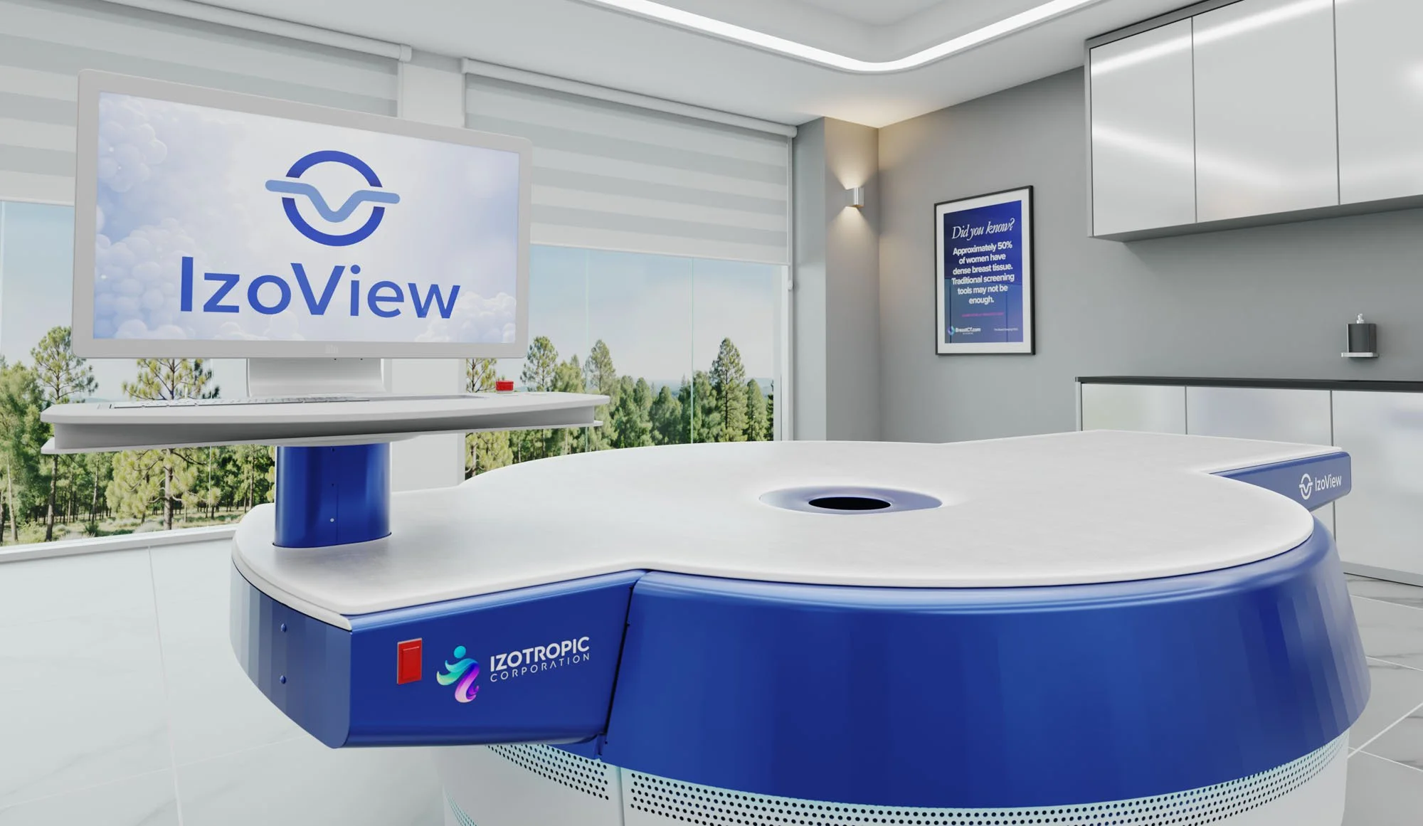 Medical imaging room with a large circular Izotope device, a monitor displaying the Izoview logo, and informational posters on the wall.