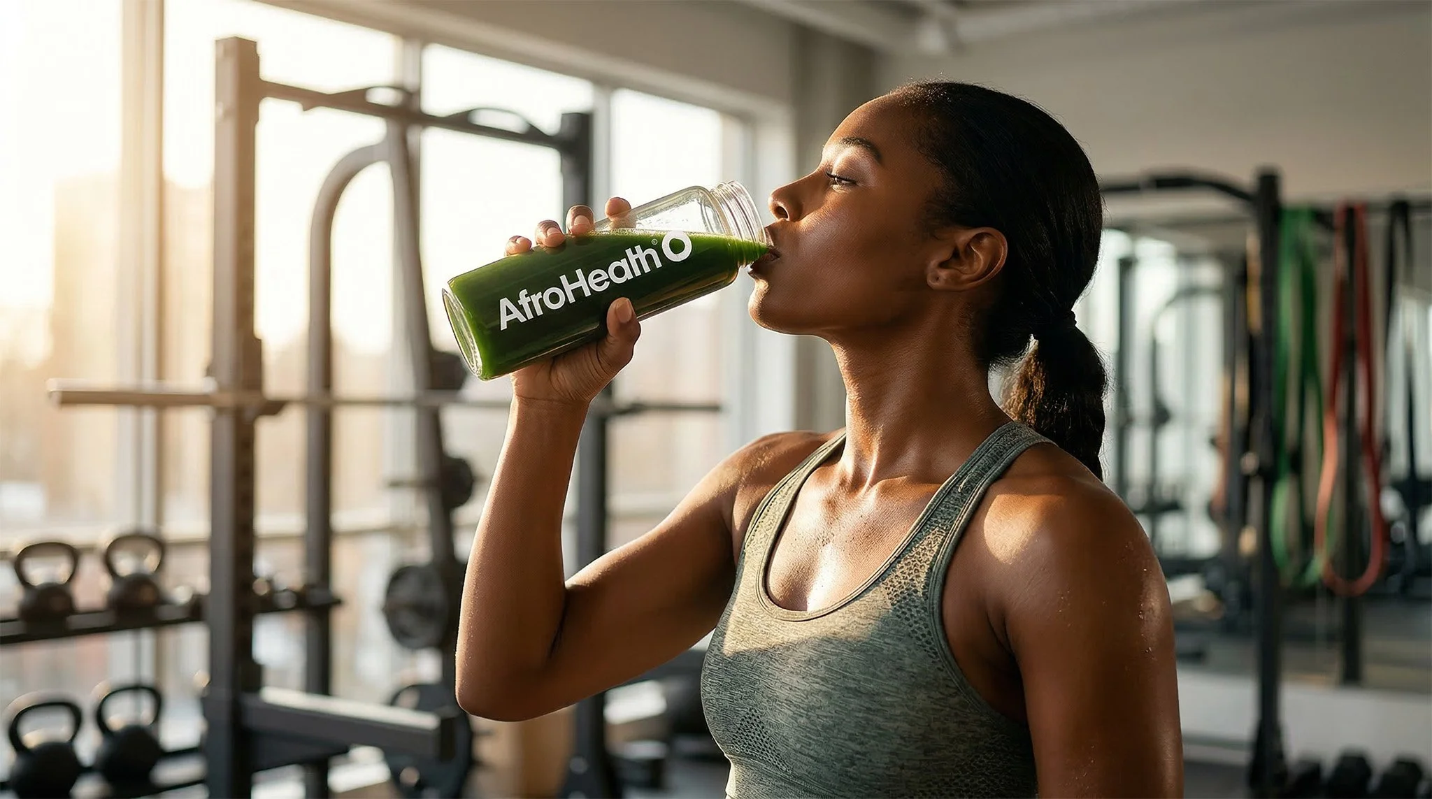 Woman drinking a green smoothie labeled AfroHealth in a gym with exercise equipment in the background. Supplement hero image