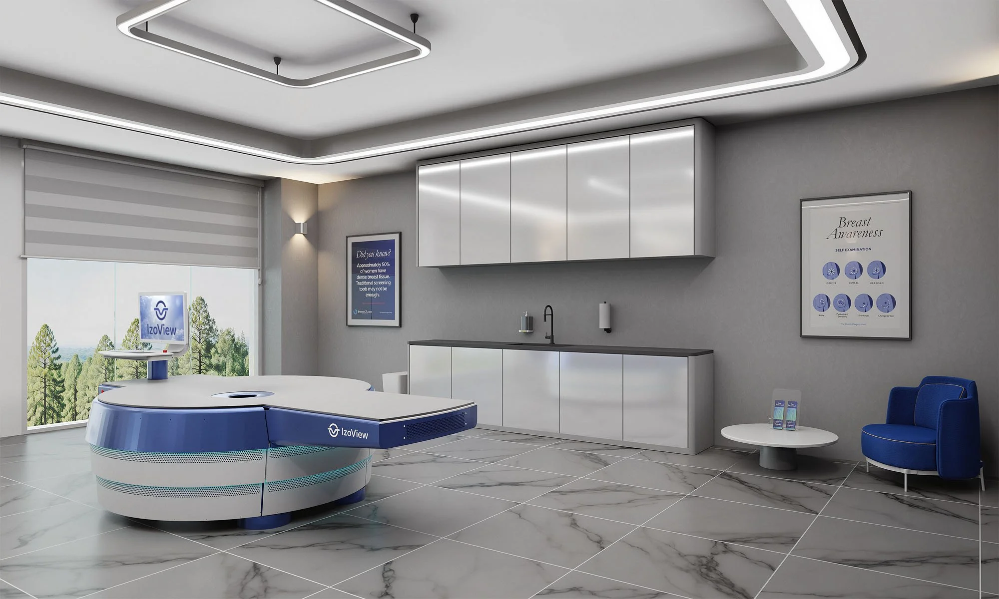 Medical room with a large round machine labeled IzoView, a small blue chair, a white table with brochures, and framed informational posters on breast awareness and screening.