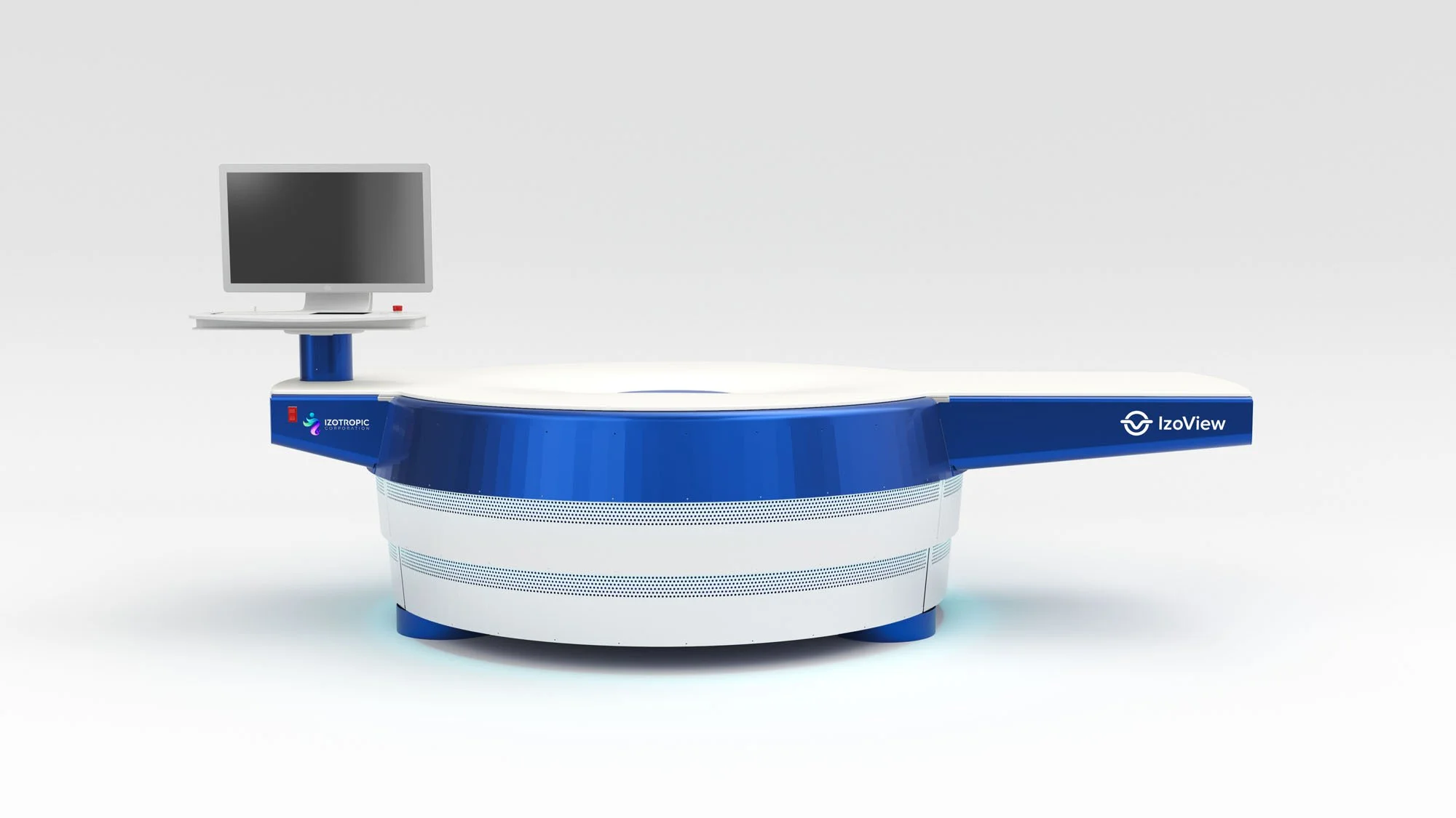 Medical imaging device with a monitor on a stand, labeled Izoview, with a flat, white and blue surface, in a minimalistic setting.
