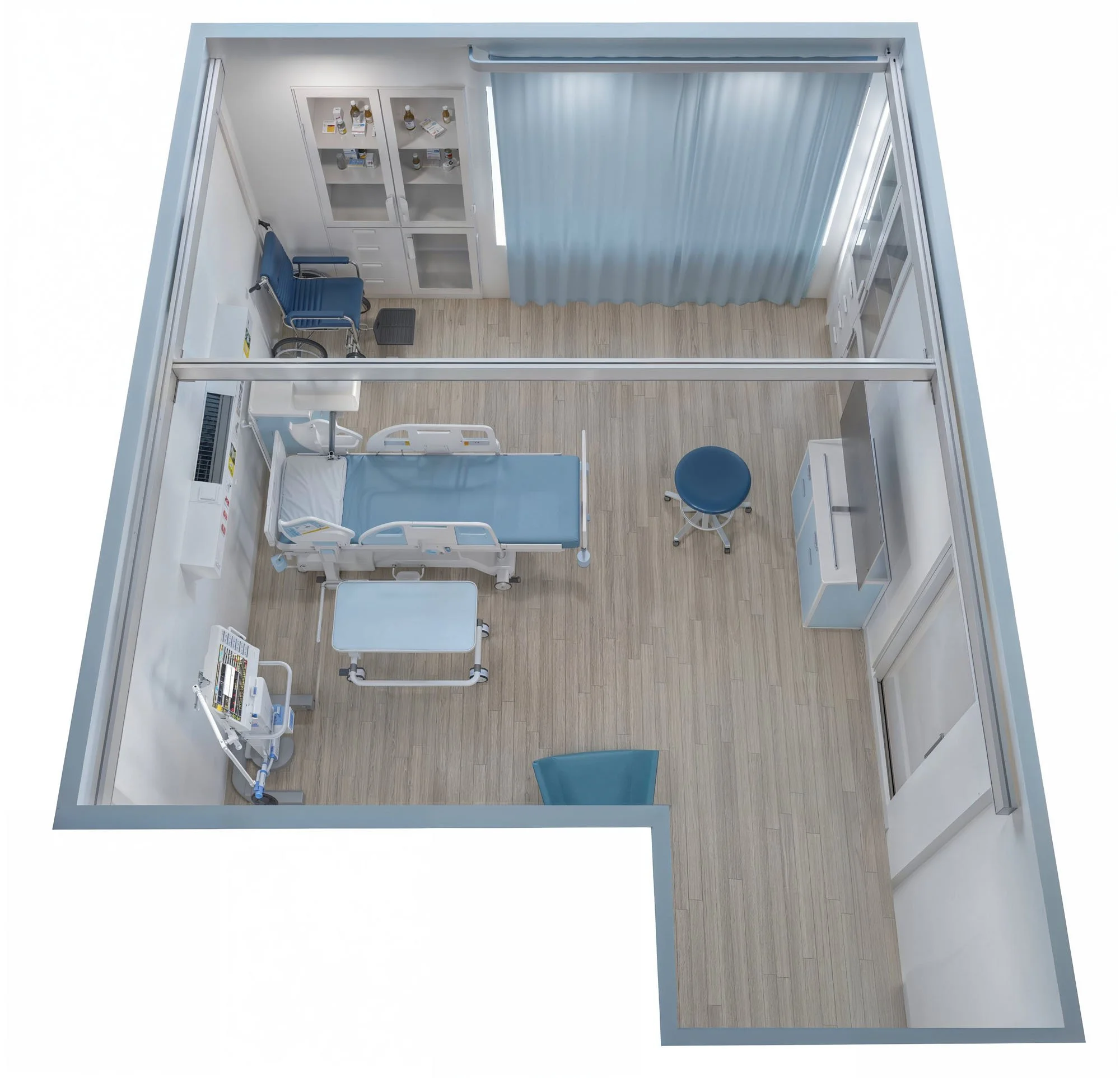 A hospital room with a bed, medical equipment, a chair, a stool, and a window with blue curtains.