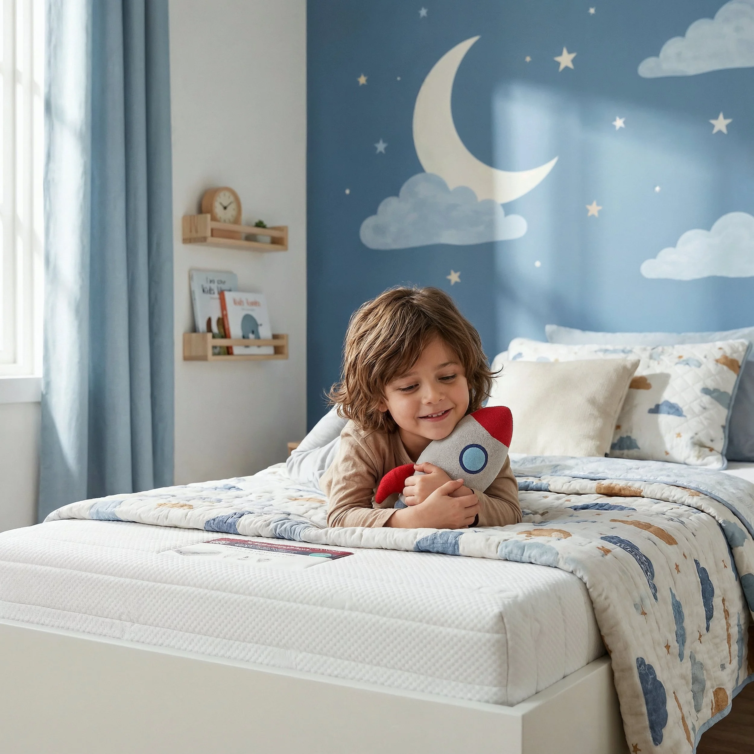 A young boy lies on his stomach on a bed, hugging a stuffed rocket toy, in a bedroom with a blue sky-themed wall mural featuring clouds, stars, and a crescent moon. Bed advertisement.