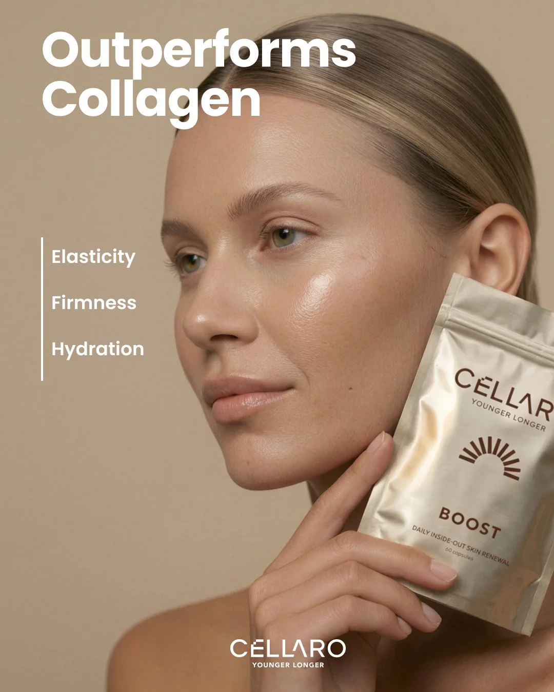 A woman with smooth, glowing skin holds a packet of Cellar Boost skincare supplement. The text on the image states that it outperforms collagen in elasticity, firmness, and hydration.