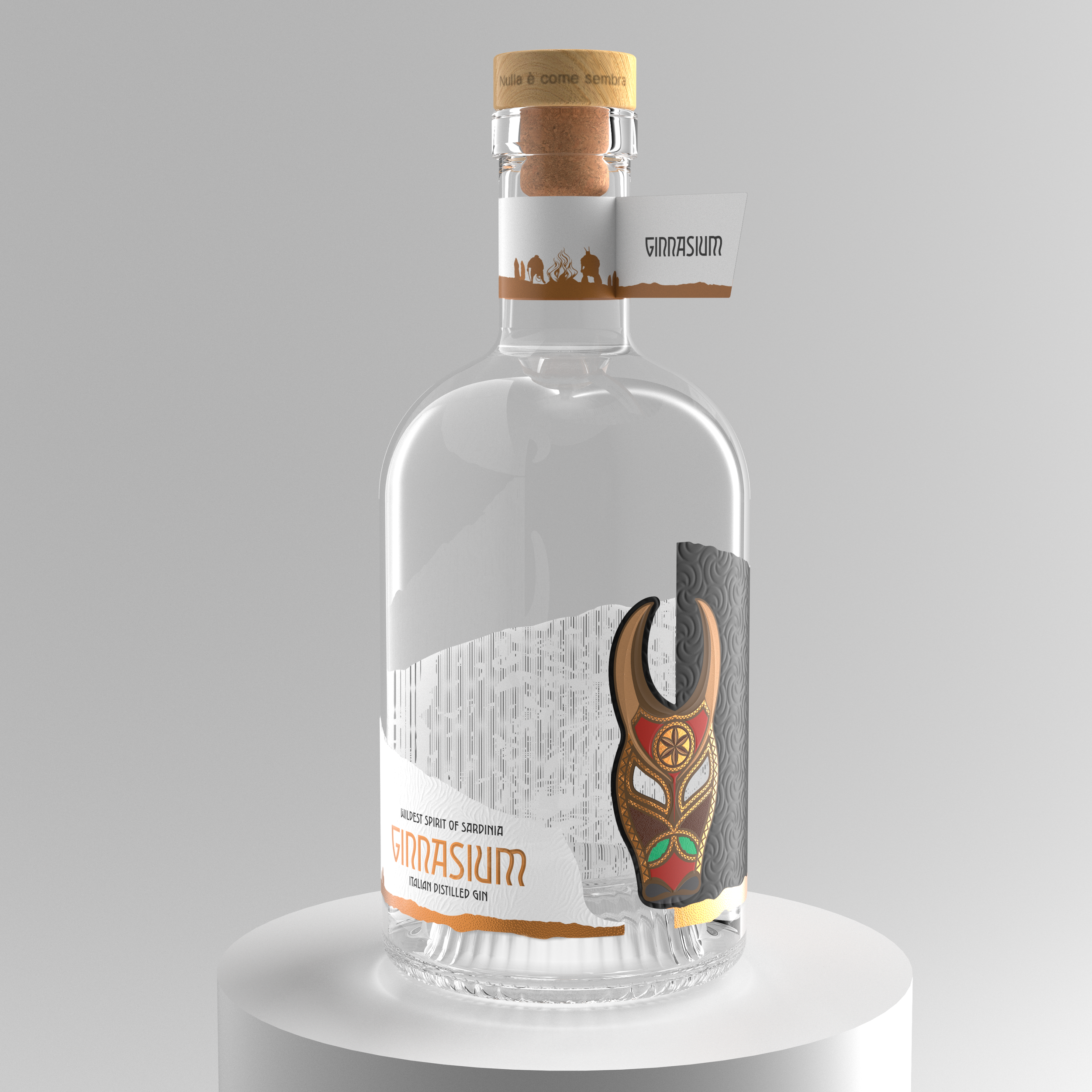 Clear glass bottle of Girasium Italian distilled gin with a cork stopper and a label showing a colorful stylized mask, set on a white surface against a light gray background.