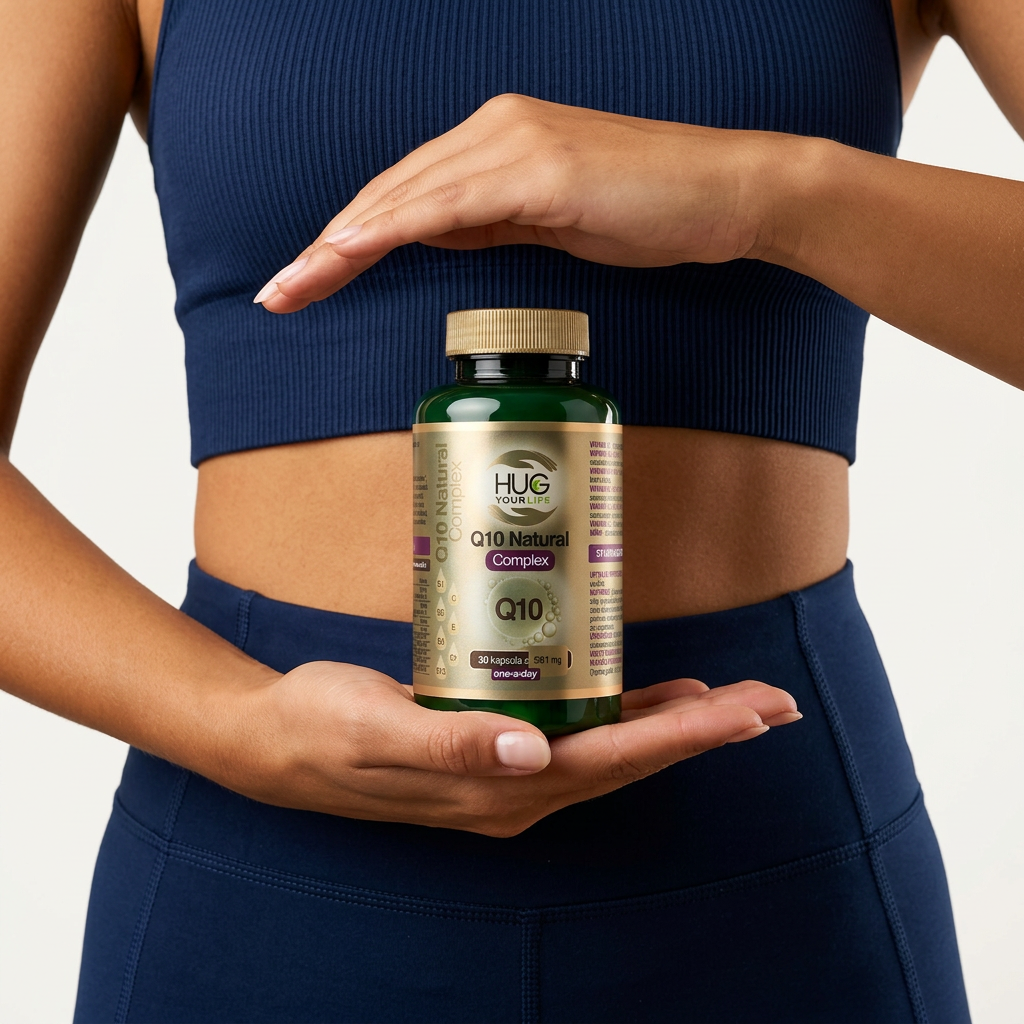 A woman in a blue sports bra and matching leggings holds a green bottle of dietary supplement capsules labeled "Q10 Natural Complex" at waist level, with her other hand hovering above the bottle.