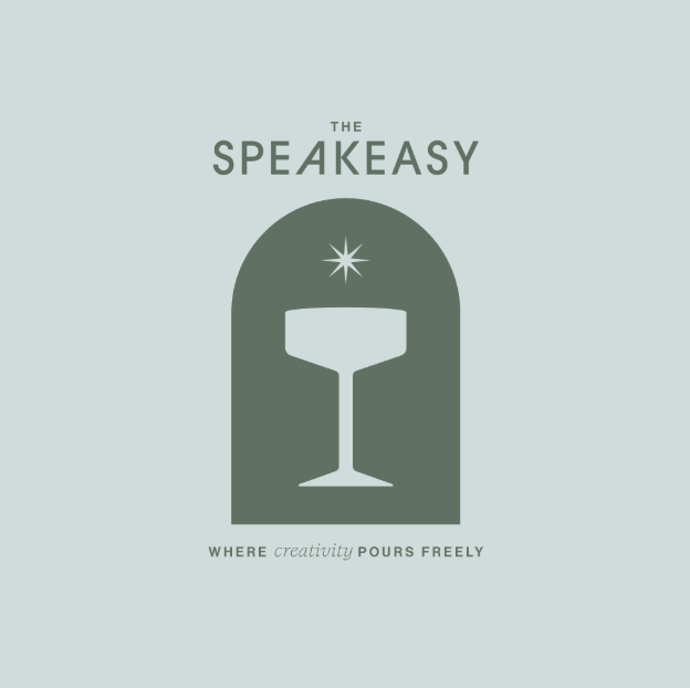 A minimalist logo for 'The Speakeasy' featuring a stylized cocktail glass with a star above it, and the tagline 'Where creativity pours freely'.