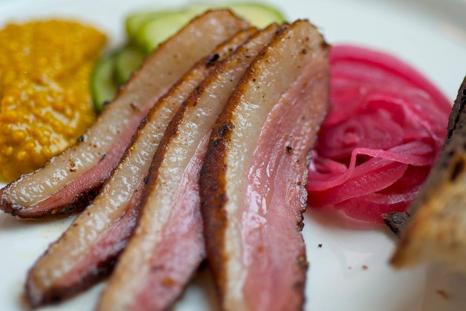 house made duck pastrami with pickled onions and beer mustard