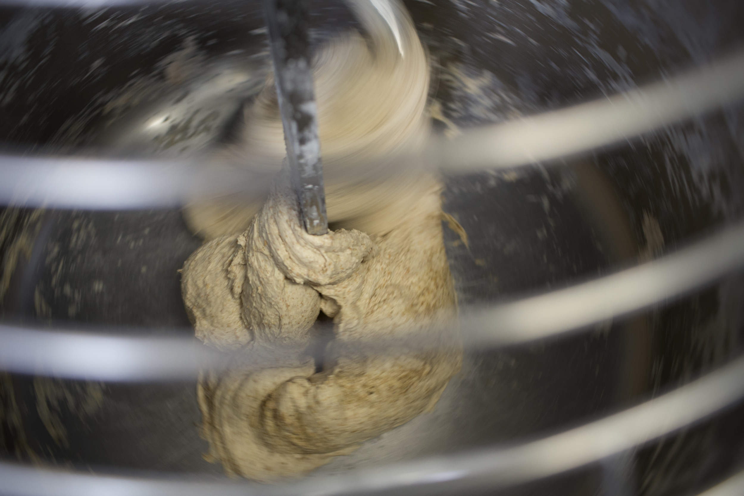 rye bread dough mixing in the spiral mixer at Runner &amp; Stone