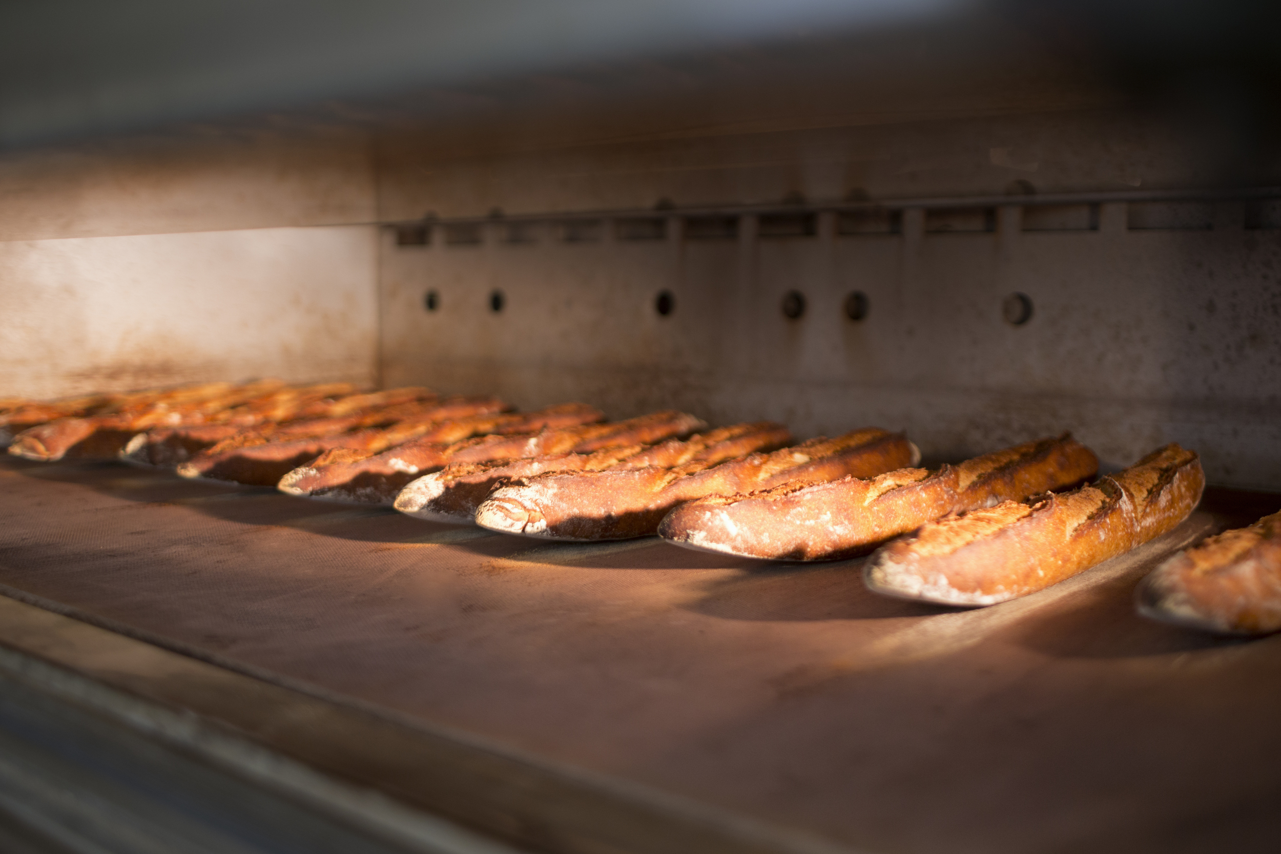 buckwheat baguettes baking in the deck oven of runner and stone bakery