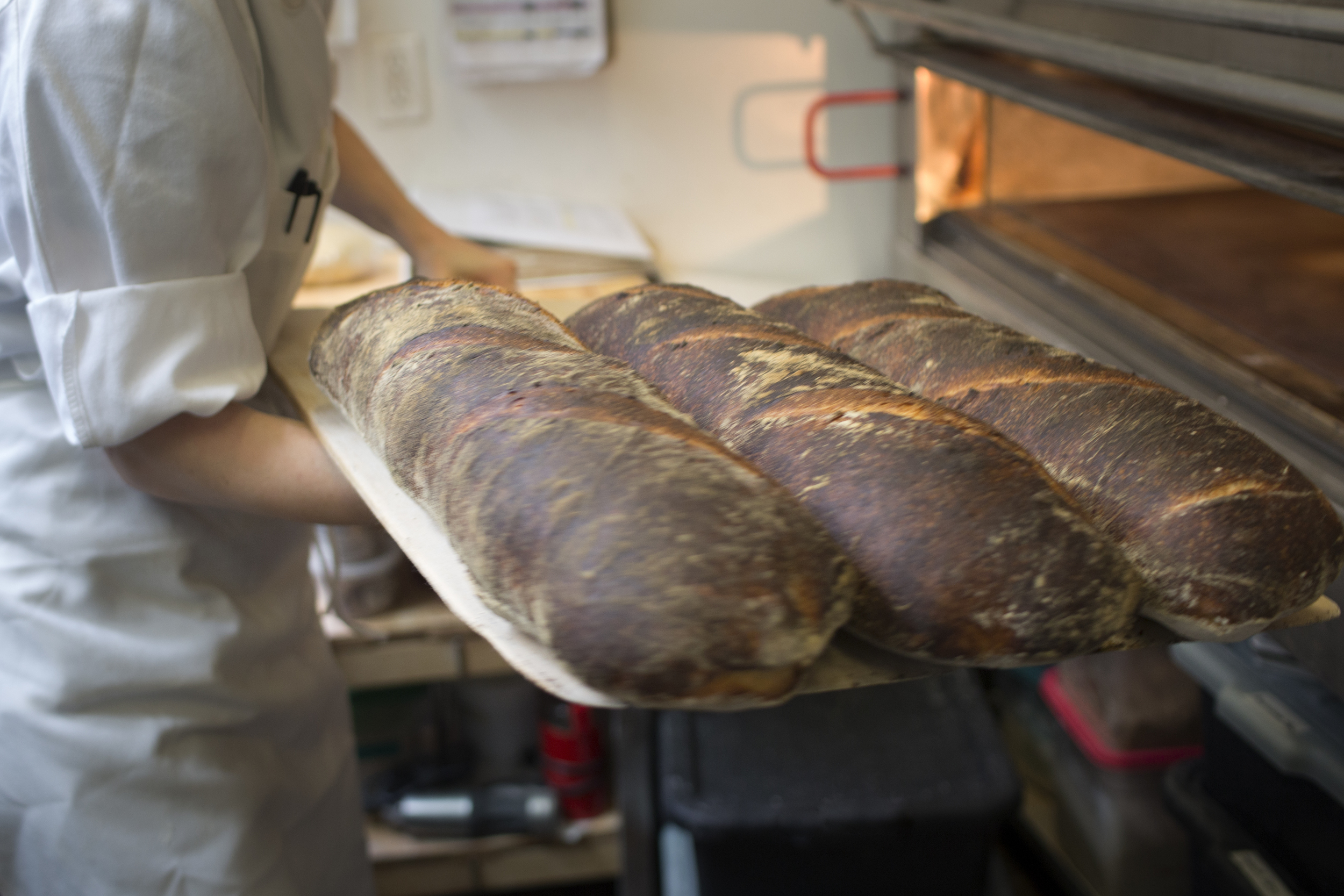 dark brown and crispy loaves of pain de campagne coming out of the runner and stone deck ovens in the bakery