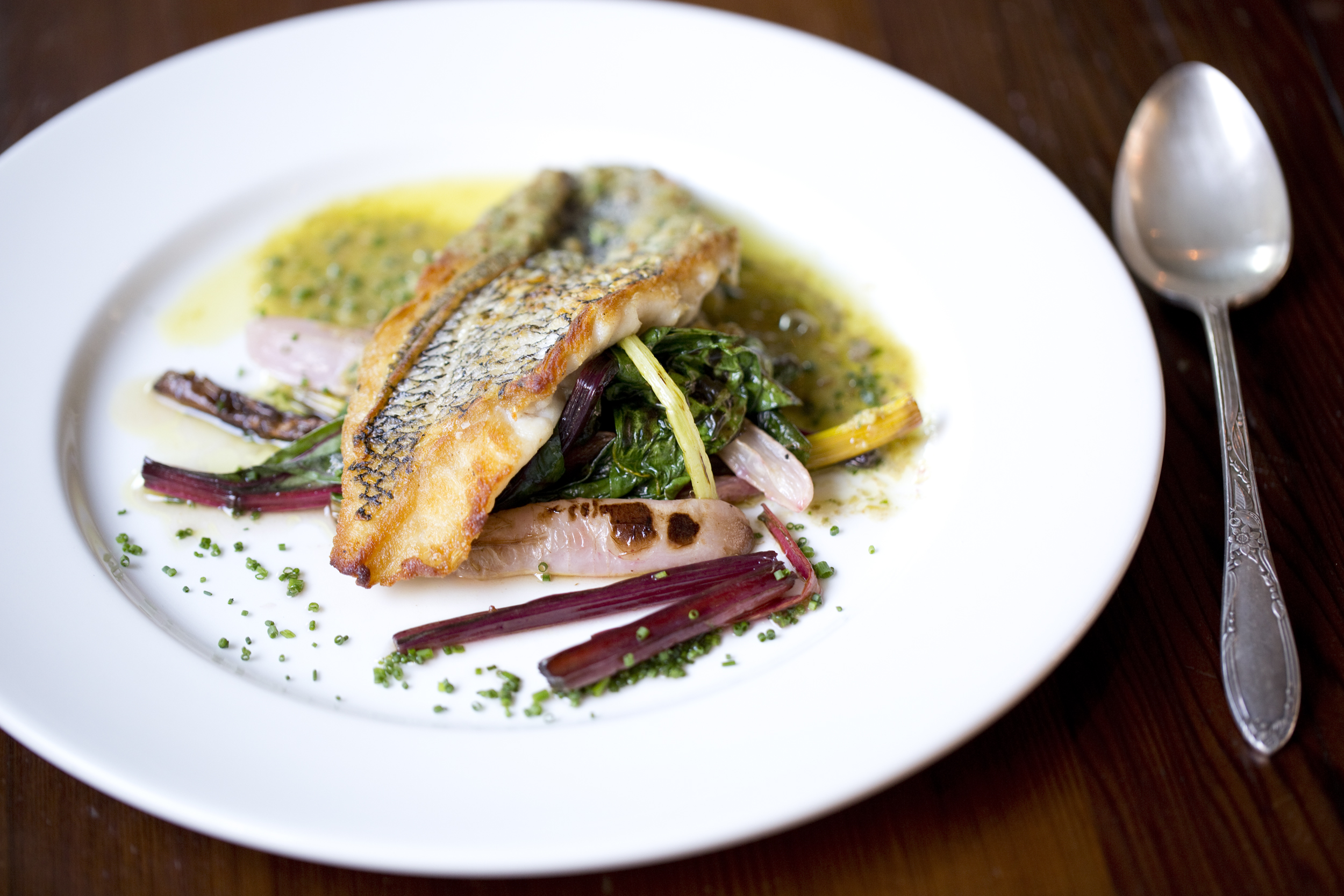 pan seared fish with kale chimichurri and roasted swiss chard