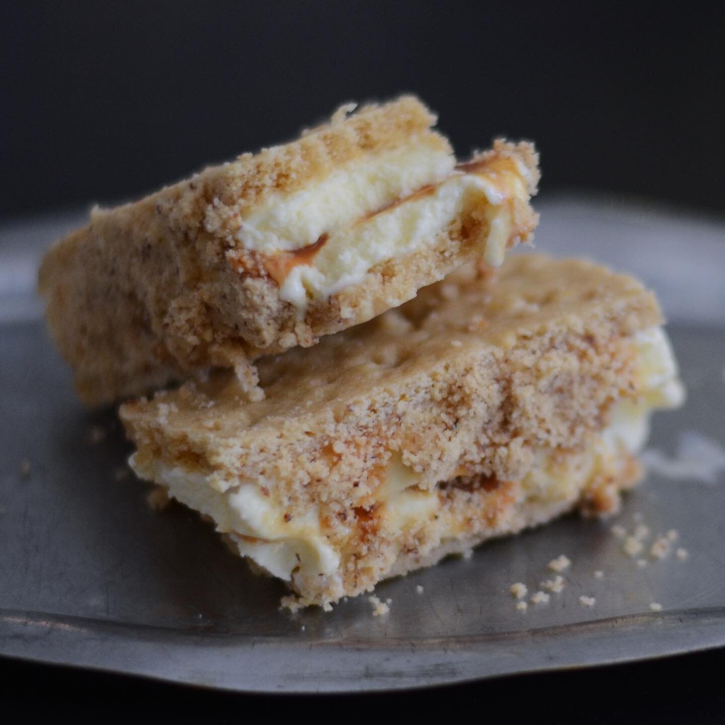 Stop by and cool off with our new ice cream sandwich - lemon snap cookies filled with mascarpone ice cream with a caramel swirl, and finished with almond streusel