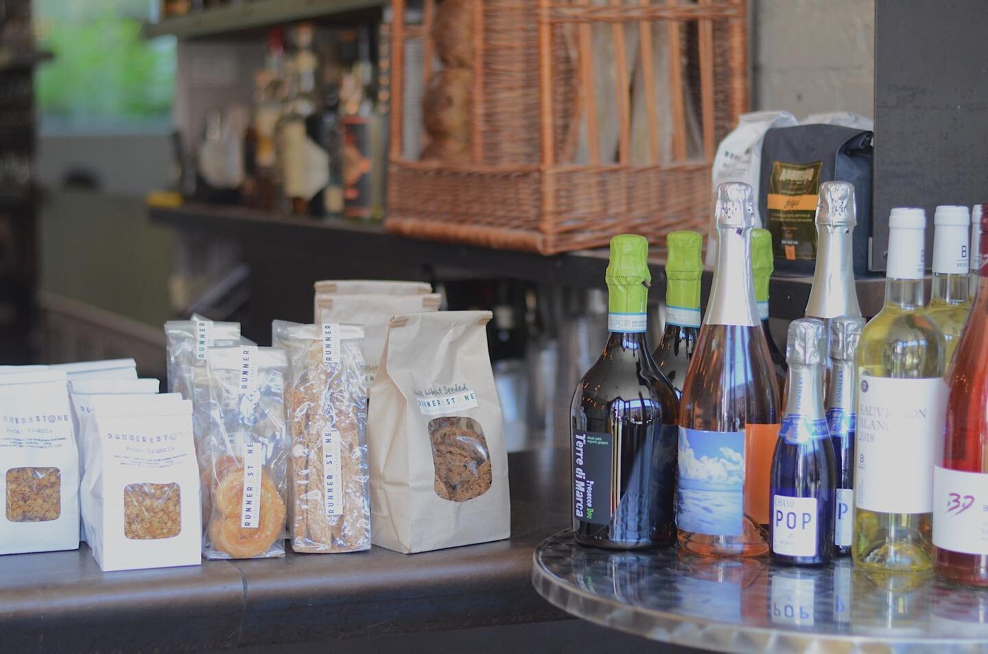 Looking for a bottle of something to go with this snackage? Find a full list of our wines, spirits and takeaway cocktails on our website ⠀
⠀
packaged goods from left to right: ⠀
⠀
pecan granola, mini palmiers, einkorn biscotti, whole wheat seeded cro