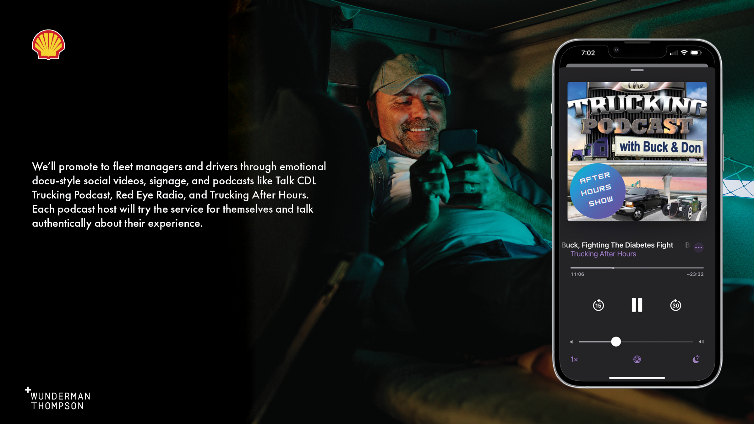 A trucker uses the BetterHelp app in his cab at night