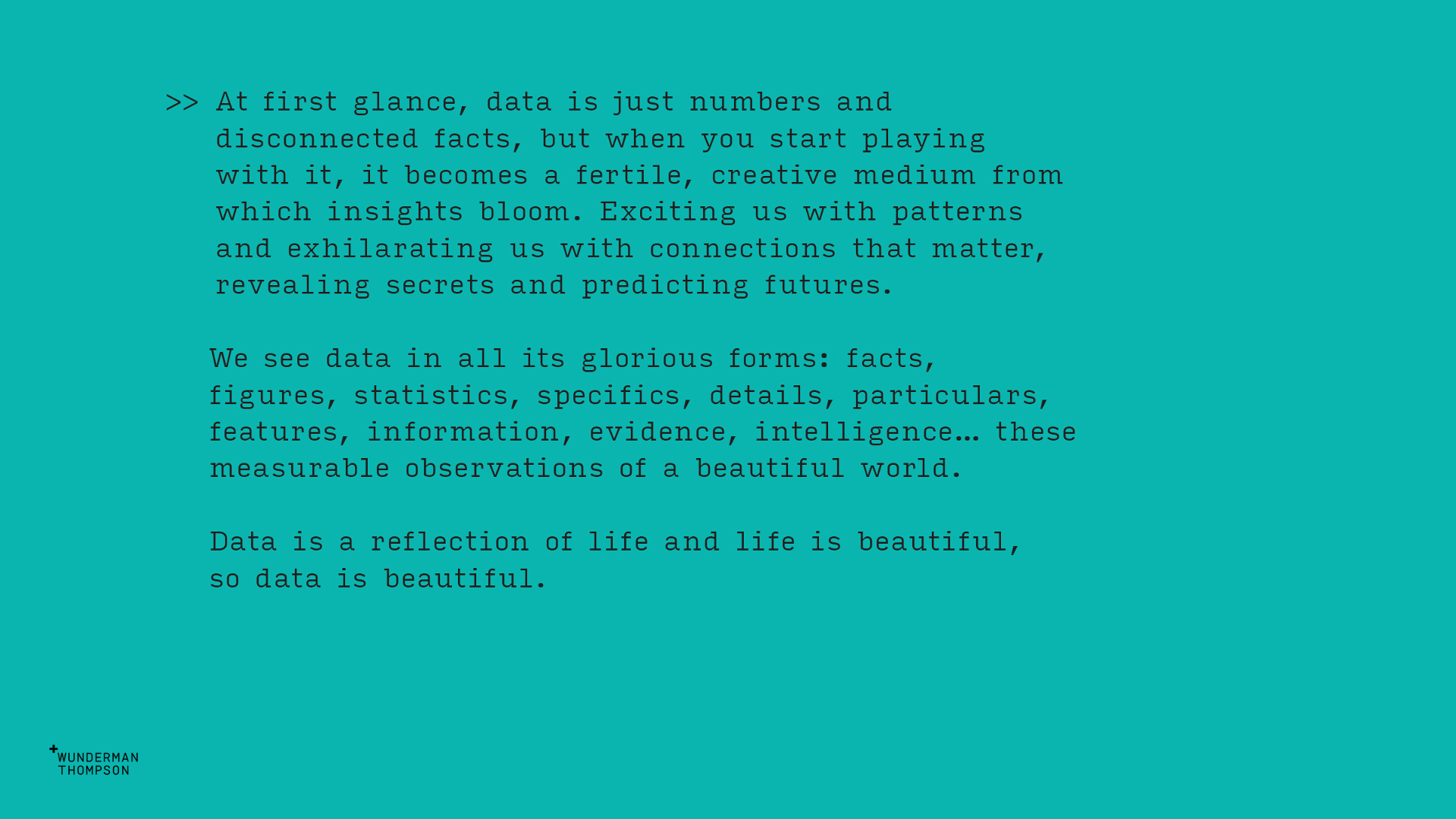 Data is Beautiful brand manifesto in typewriter-style text on teal
