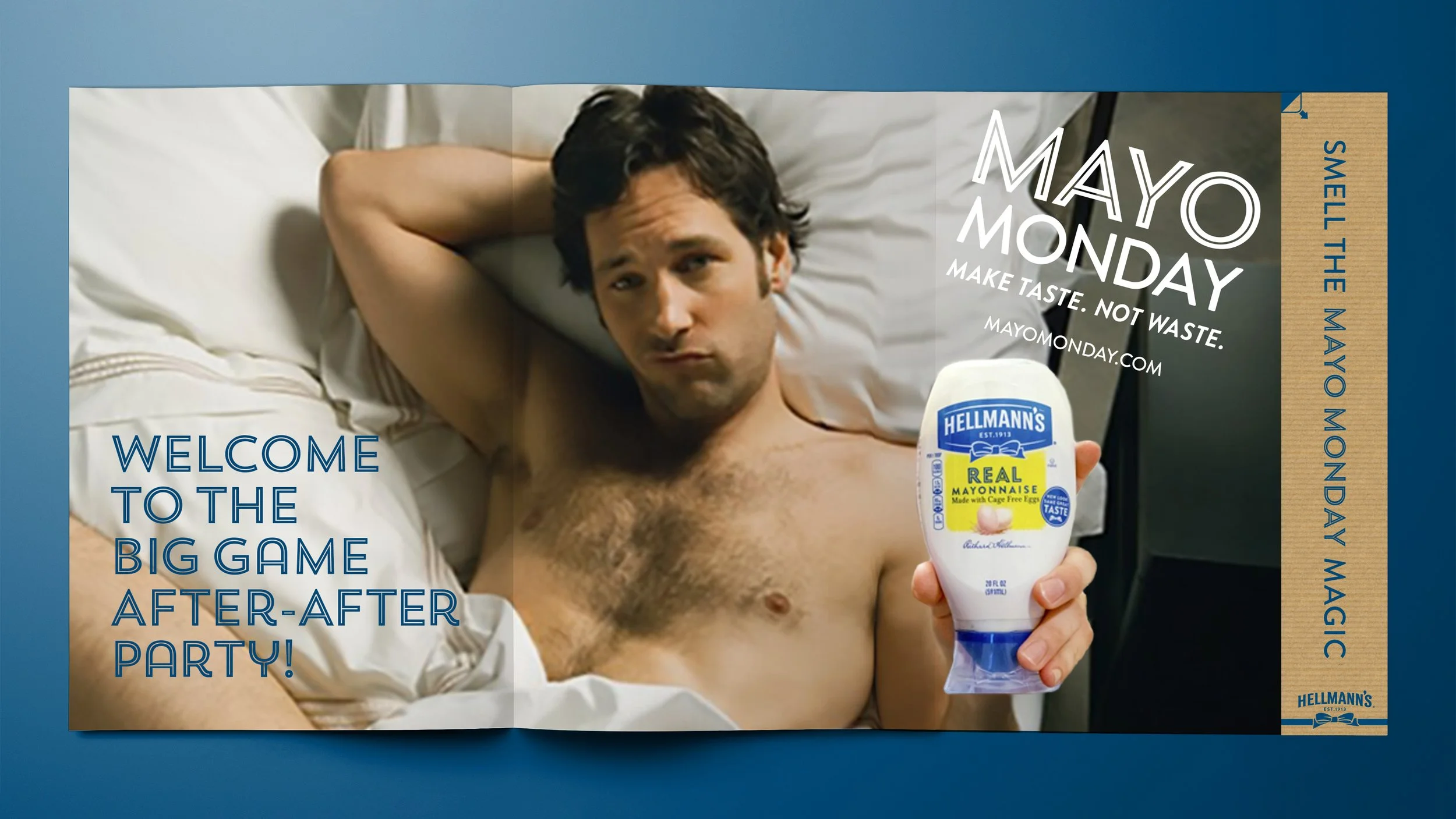 Paul Rudd posed as a vintage pin-up centerfold in People magazine, with a mayo-scented reveal strip.