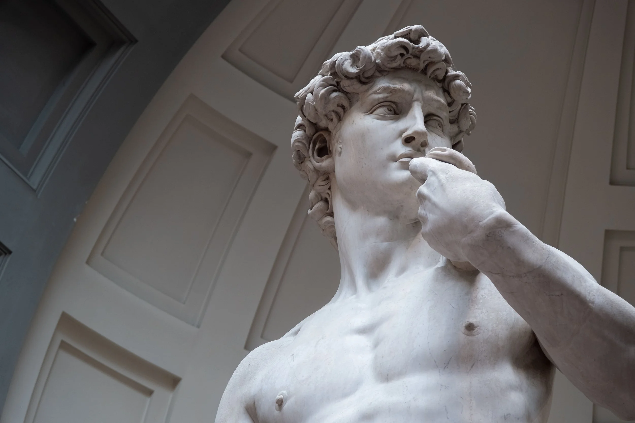 Close-up of Michelangelo’s David showing his intense gaze and furrowed brow