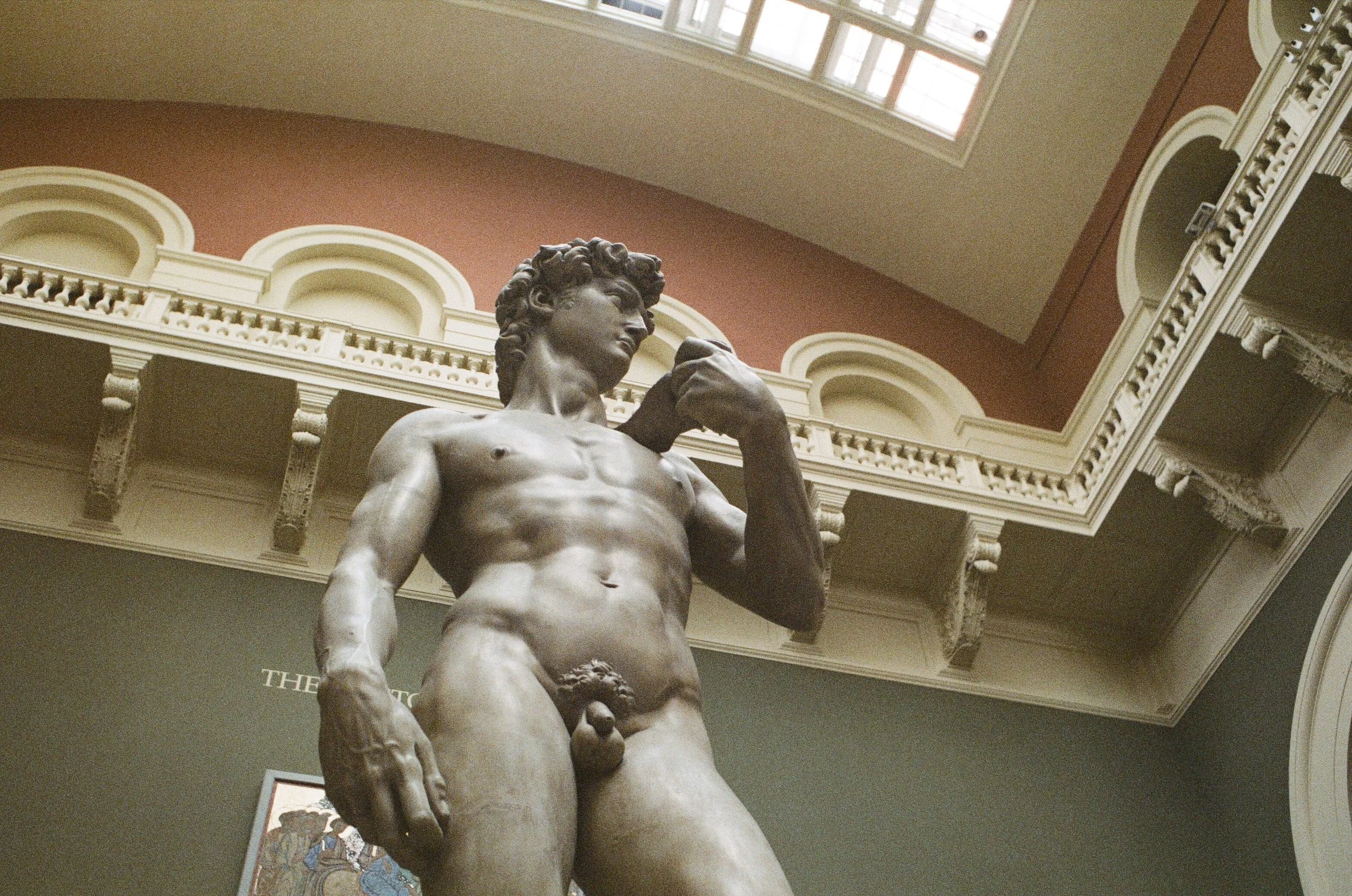 Close-up of Michelangelo’s David showing his oversized right hand, detailed veins