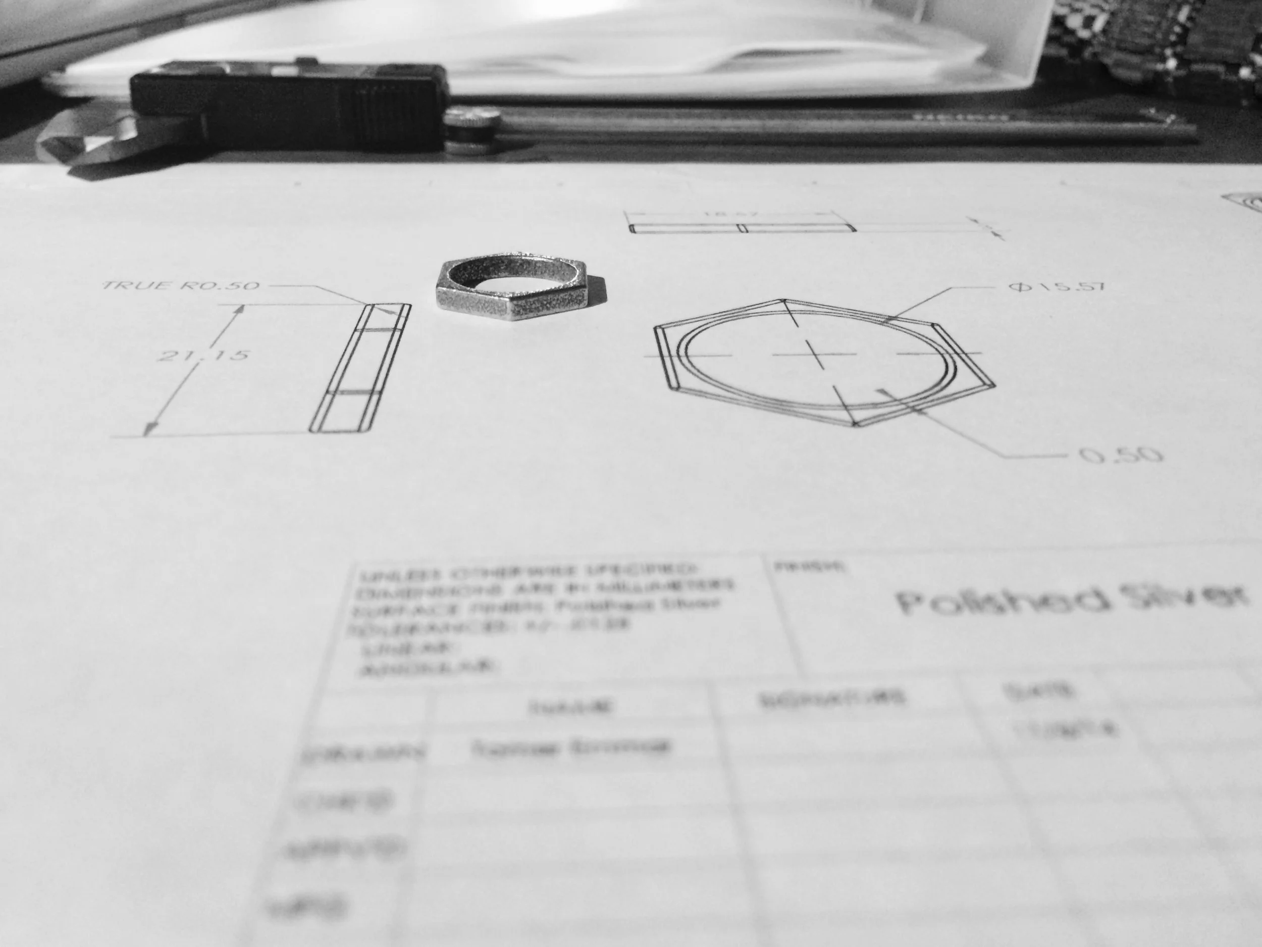 Hex Steel Prototype and Technical Drawing