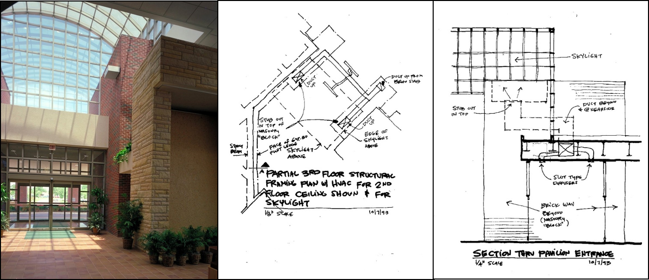 Finished space with sketches used to determine duct runs. Goal - provide sufficient supply air up into the Atrium space, but not see grilles. Return air was was addressed through a duct that extended up through the waterwall feature on the right of the picture. Again, nothing seen.