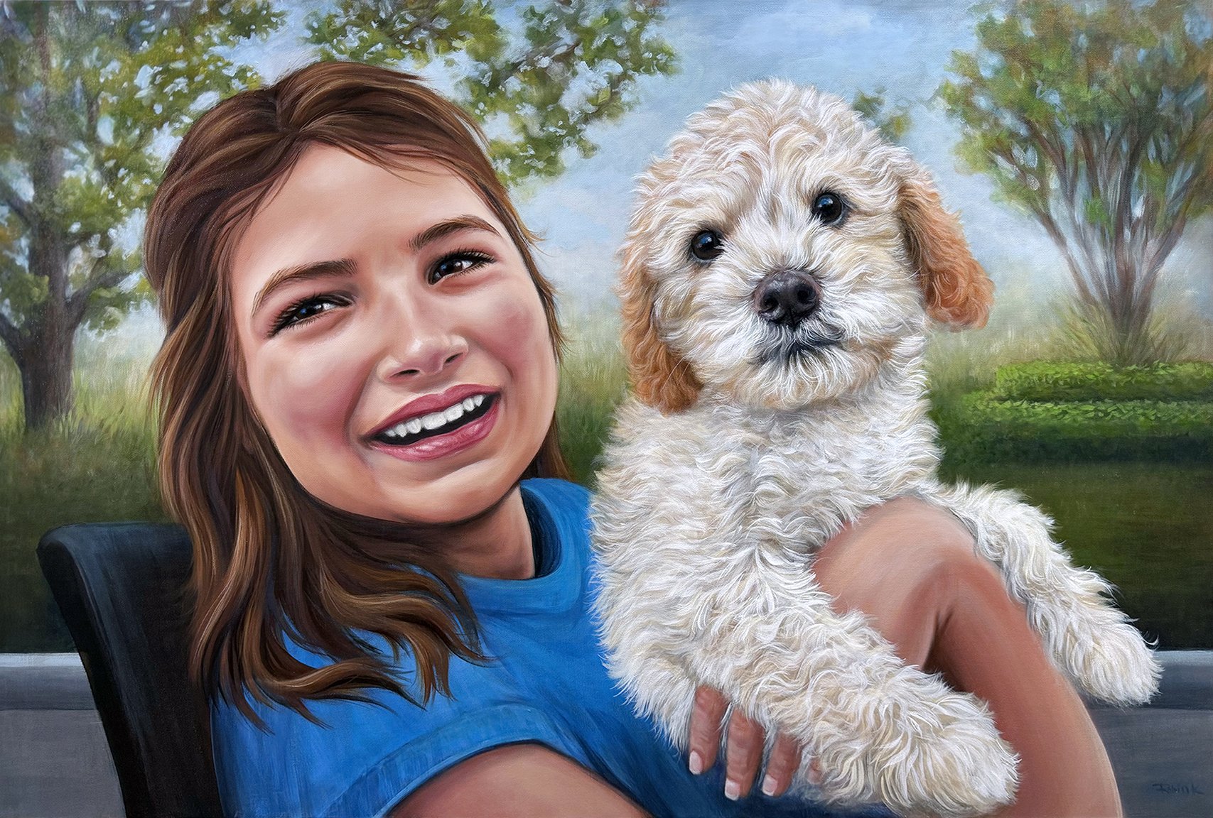 Hand painted custom Portrait of Katlin and puppy