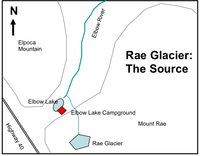  Figure 1-1. Sketch map showing source of Elbow River at Rae Glacier and Elbow Lake.