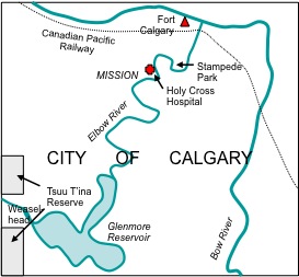 Figure 10-1. Sketch map of the urban Elbow: from the Glenmore Reservoir to the Bow River. .