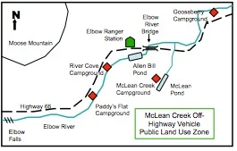 Figure 6-1. Sketch map of former Elbow Ranger Station and Elbow River recreation areas, including McLean Creek OHV Public Land Use Zone.