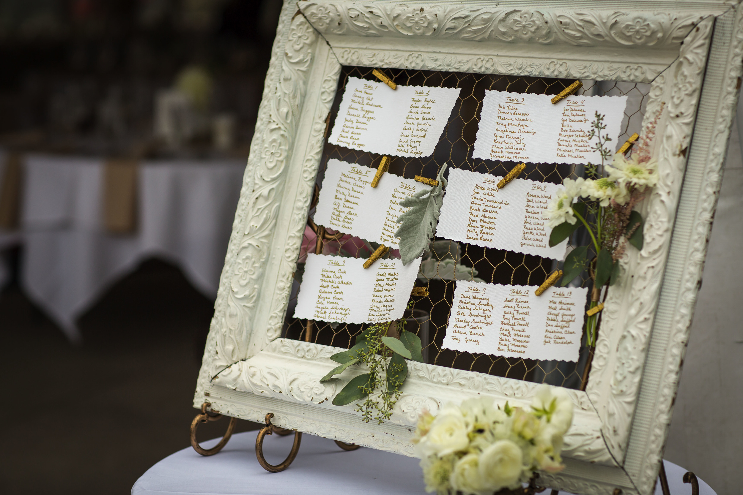 i did this diy project for the seating chart. this is where guests would look to find what table they would sit at. made with an antique frame, chicken wire painted gold, gold clothes-pins and flowers. 