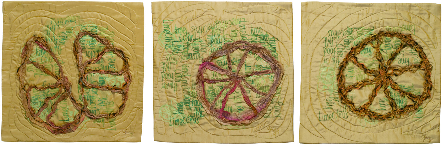 2014 - Limes, #1, #2, #3, 16” wide x 16” high (each) Materials: silk fabric, screen printed, recycled sari silk, wool yarn, machine stitched.