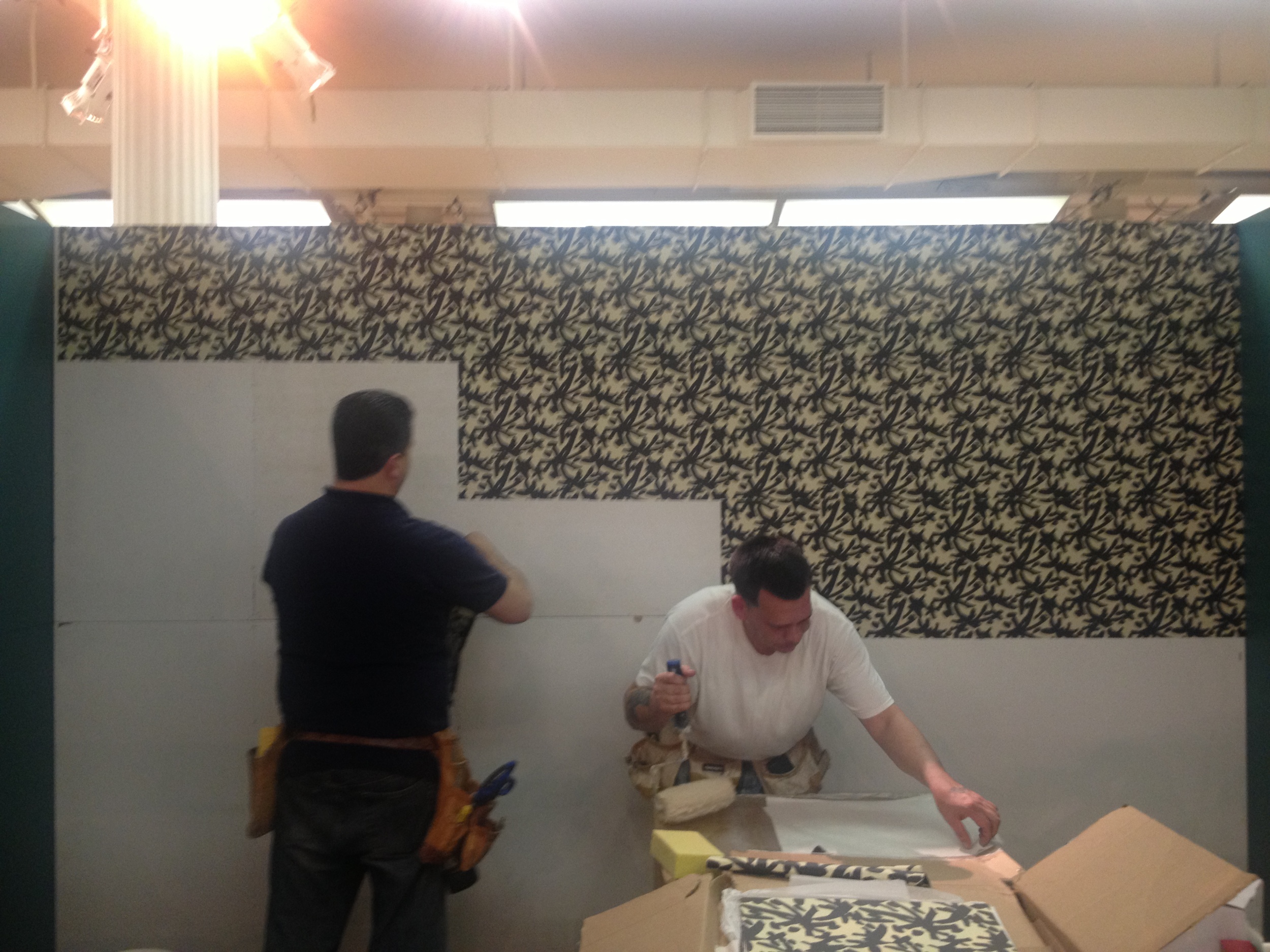 The glitz, the glamour… the process. My long time installer John Fasano came through. Installing this amazing AphroChic juju wallpaper square by square… (don't be scared if you love this paper. It normally comes in rolls)