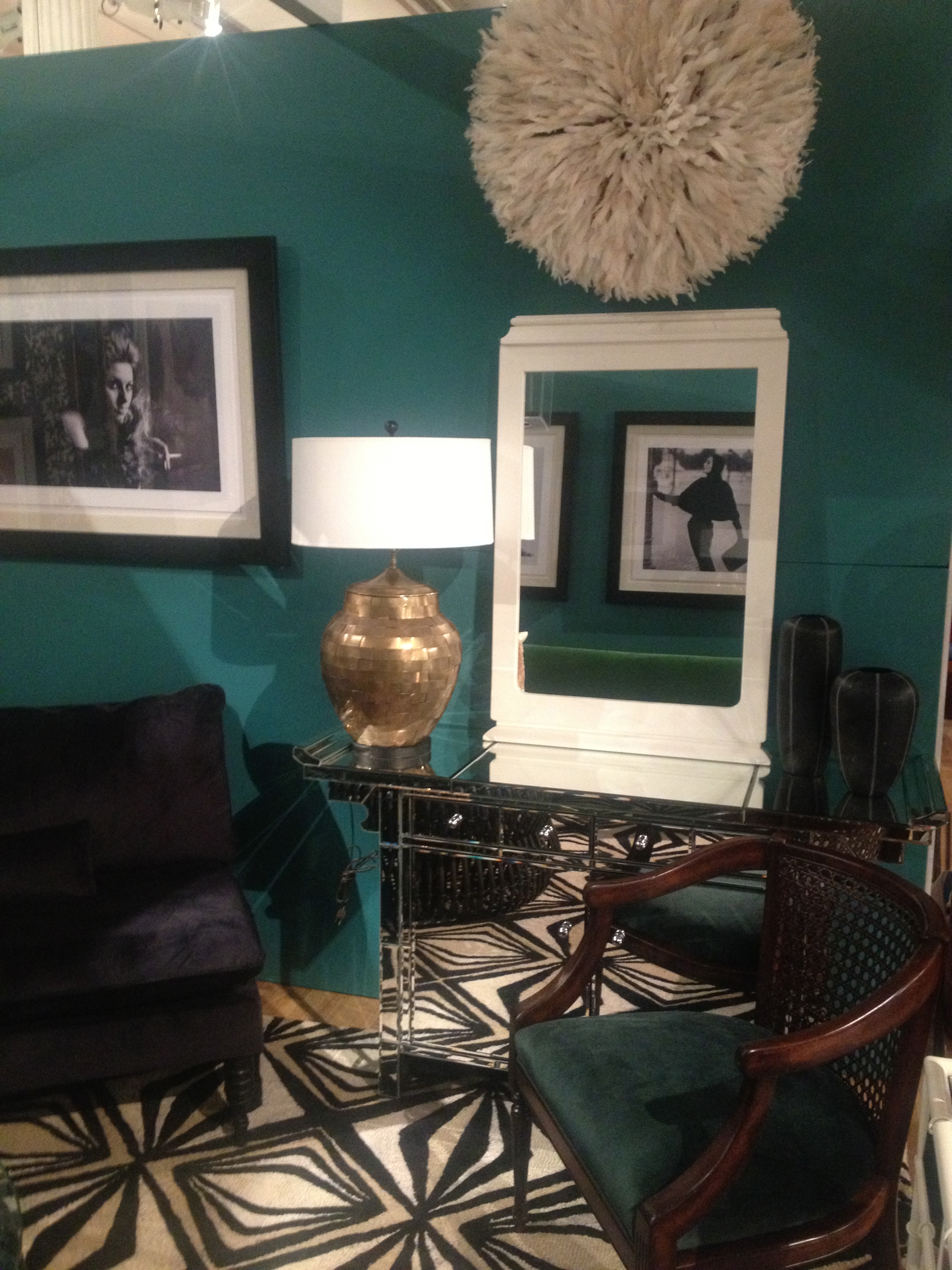 A vintage chair meets the beautiful Bungalow 5 Shanghai mirrored chest. Patterns a prints reflected beautifully. 