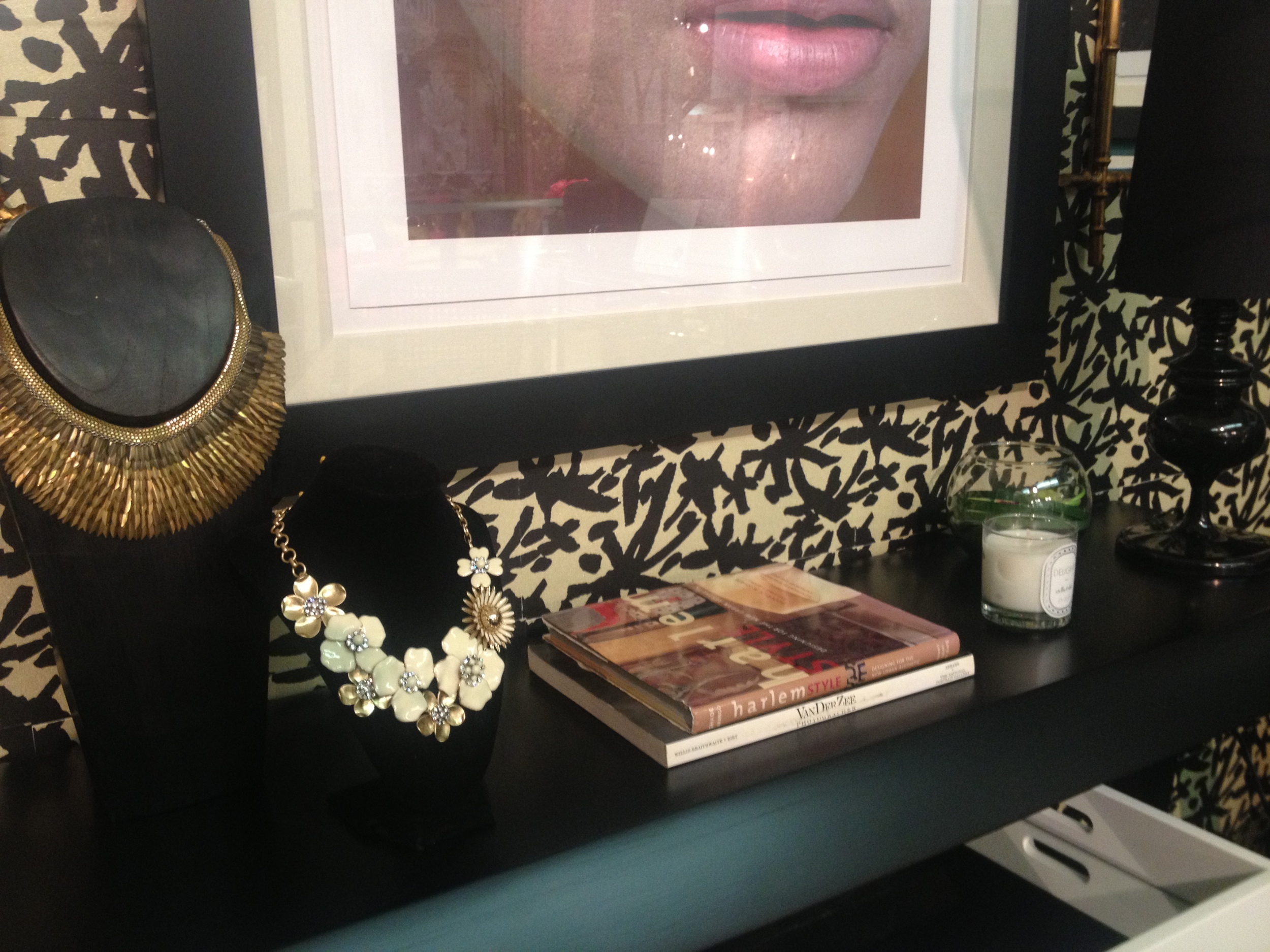 Stella & Dot jewelry vignette on a vintage console. And the Emerald eye Vogue print brought the color palette together. 