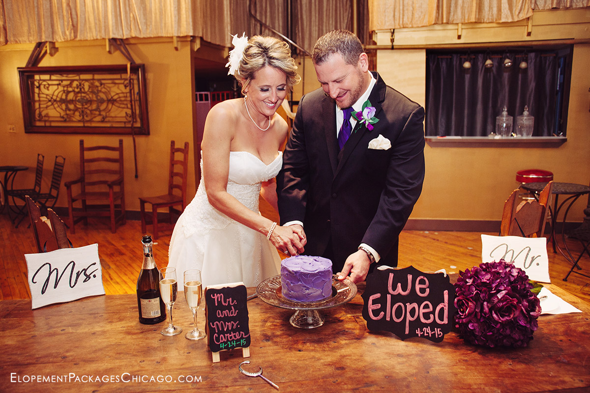evening elopement with cake and champagne