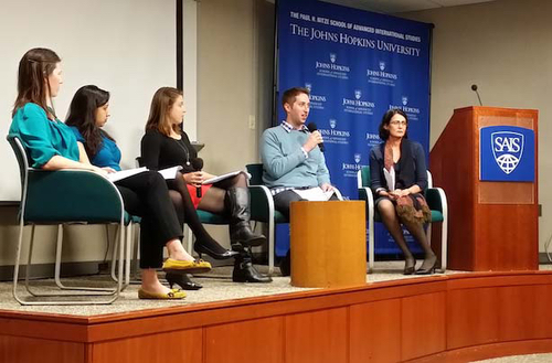 SAIS Perspectives 2014 Launch Event: Panel of authors speaking on their respective published articles. From left: Amber Stewart, Seethal Kumar, Hilary Kinka, Mark Radin, and Professor Tanvi Nagpal