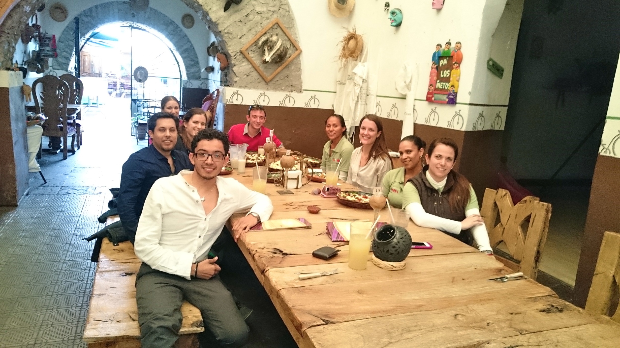 The FEMSA Foundation practicum team and our hosts in a restaurant in Queretaro, Mexico.