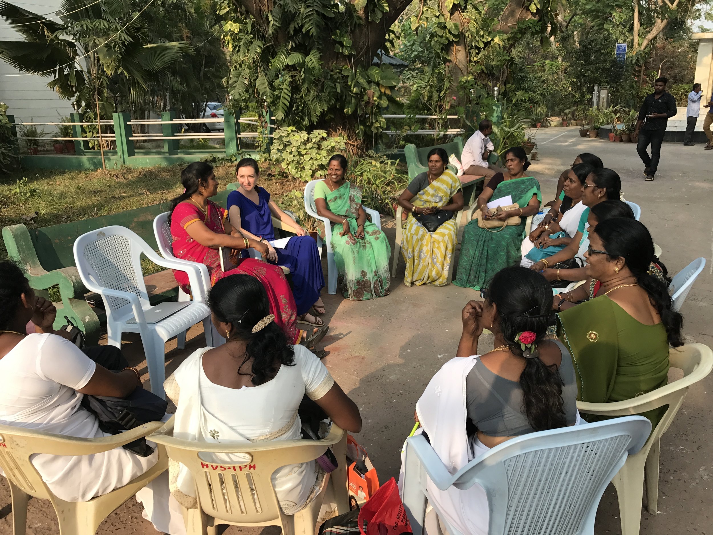  Chennai, India IDEV Practicum Team member Rose Fishman (second from left) conducts a focus group with VHNs at the Poonamallee IPH, assisted by Ms. Eswari (left). Focus groups were conducted toward the end of fieldwork to validate findings and to dis