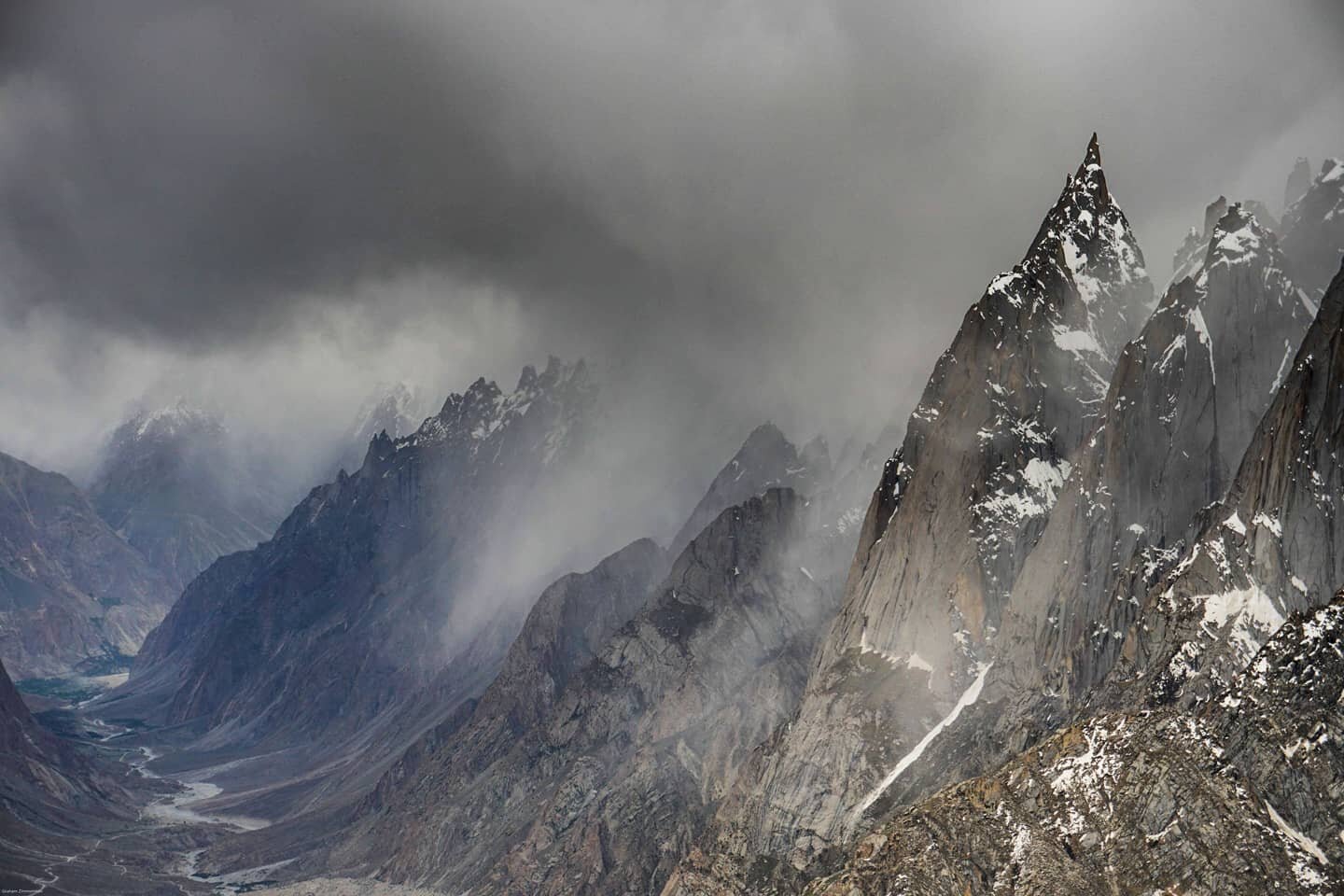 Another excerpt from the @alpinistmag article &quot;Labyrinths of Granite and Ice&quot; about our climb on Link Sar:

&quot;Clouds poured through the sky in an ever-expanding kaleidoscope of grey hues. Rain came and went. Finally acclimated, we were 