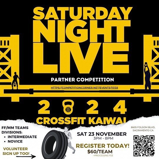 📣📣📢📢📣 Registration is live now 🎺 📣 📣📣📢📢📣📣📢 

Link in Bio or swipe right ➡️ for QR code 

Find a partner and sign up now 

#Saturdaynightlive #competition #fitness #gym #community #cfkaiwai #crossfit #sactown #novice #intermediate