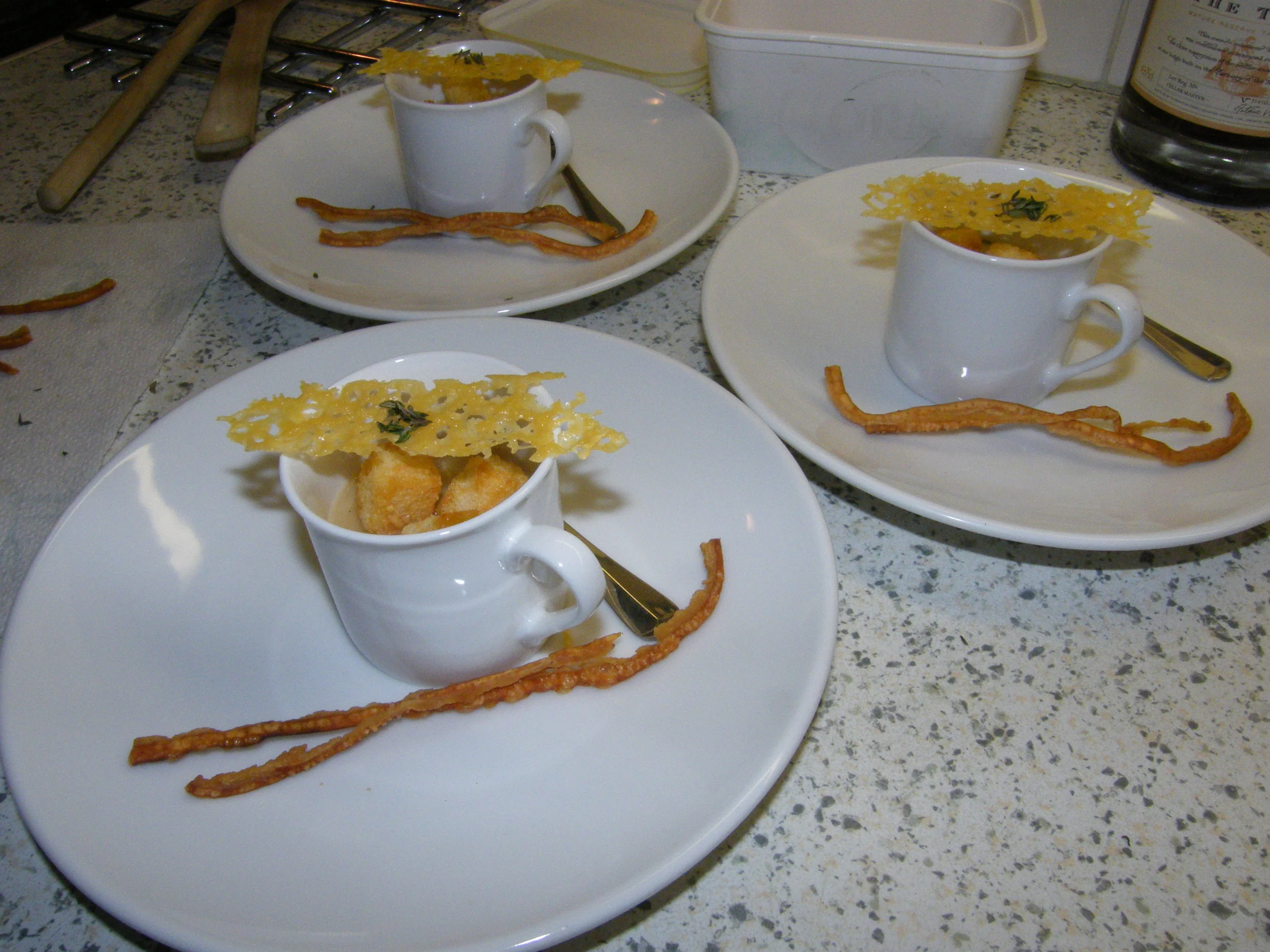 Parsnip Soup, Croutons, Parmesan Tuile and Crispy Pancetta... and Bacon Rinds