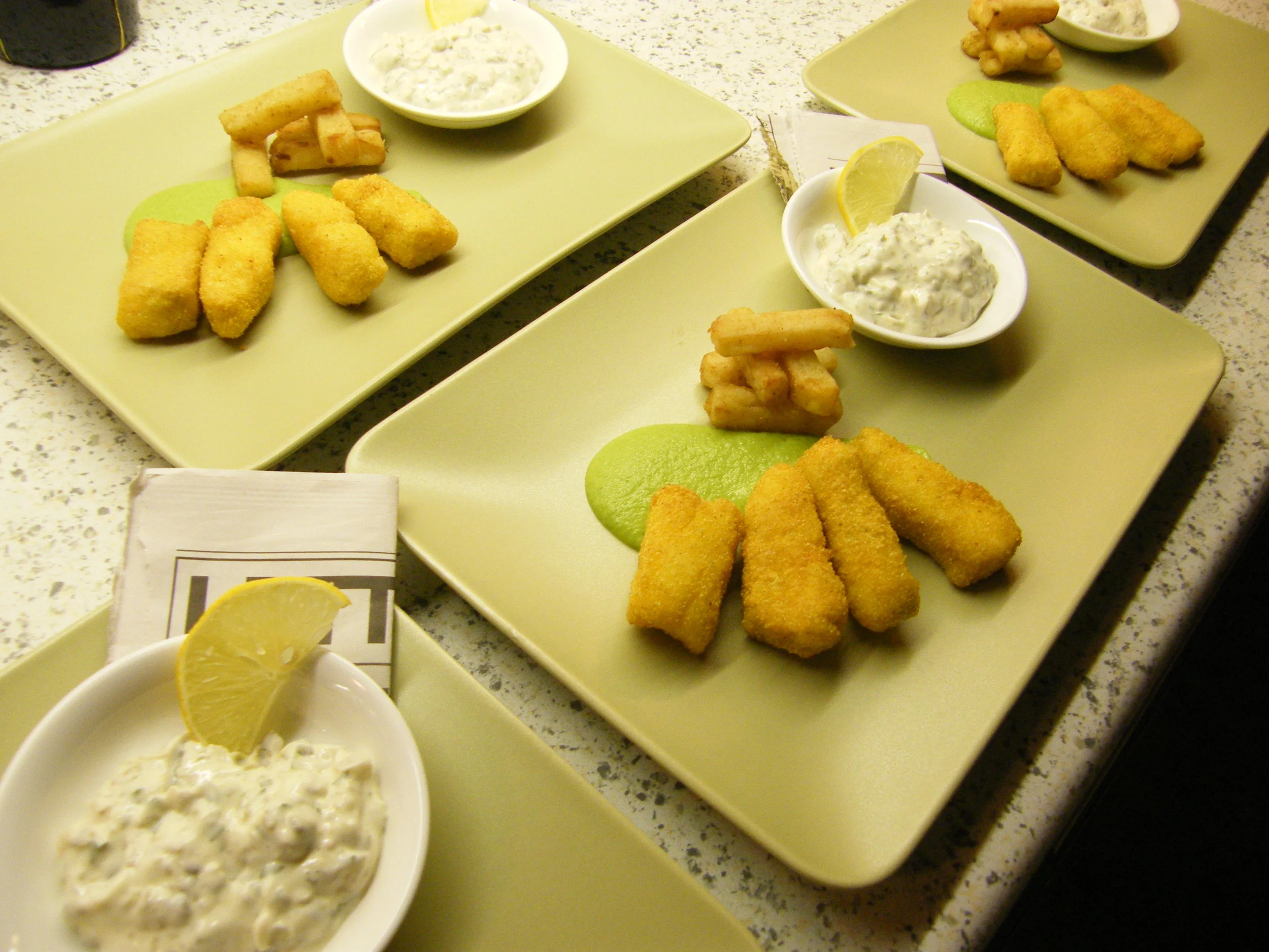 Fishy Fingers, Chips, Peas and Tartare Sauce