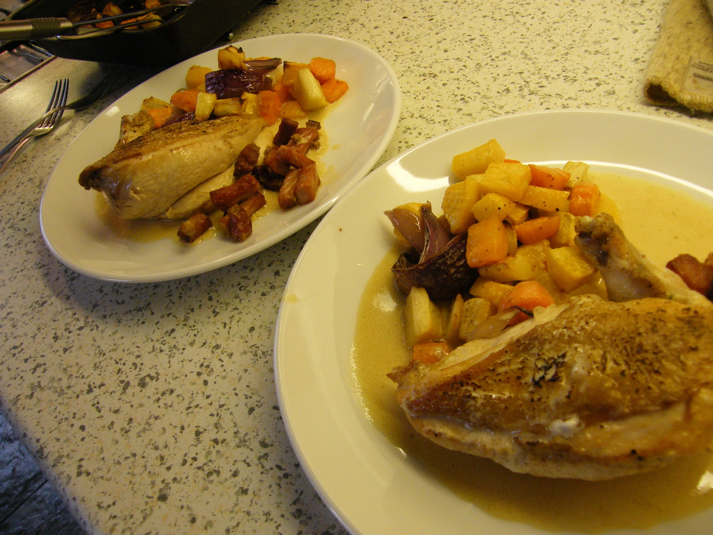 Chicken, creamy lardons & root veg