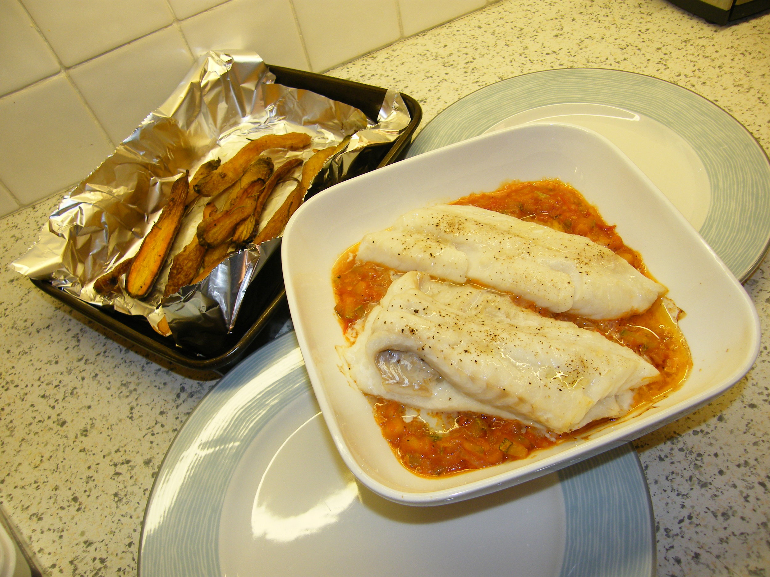 Cod, Courgette & Tomato, Roasted Carrots