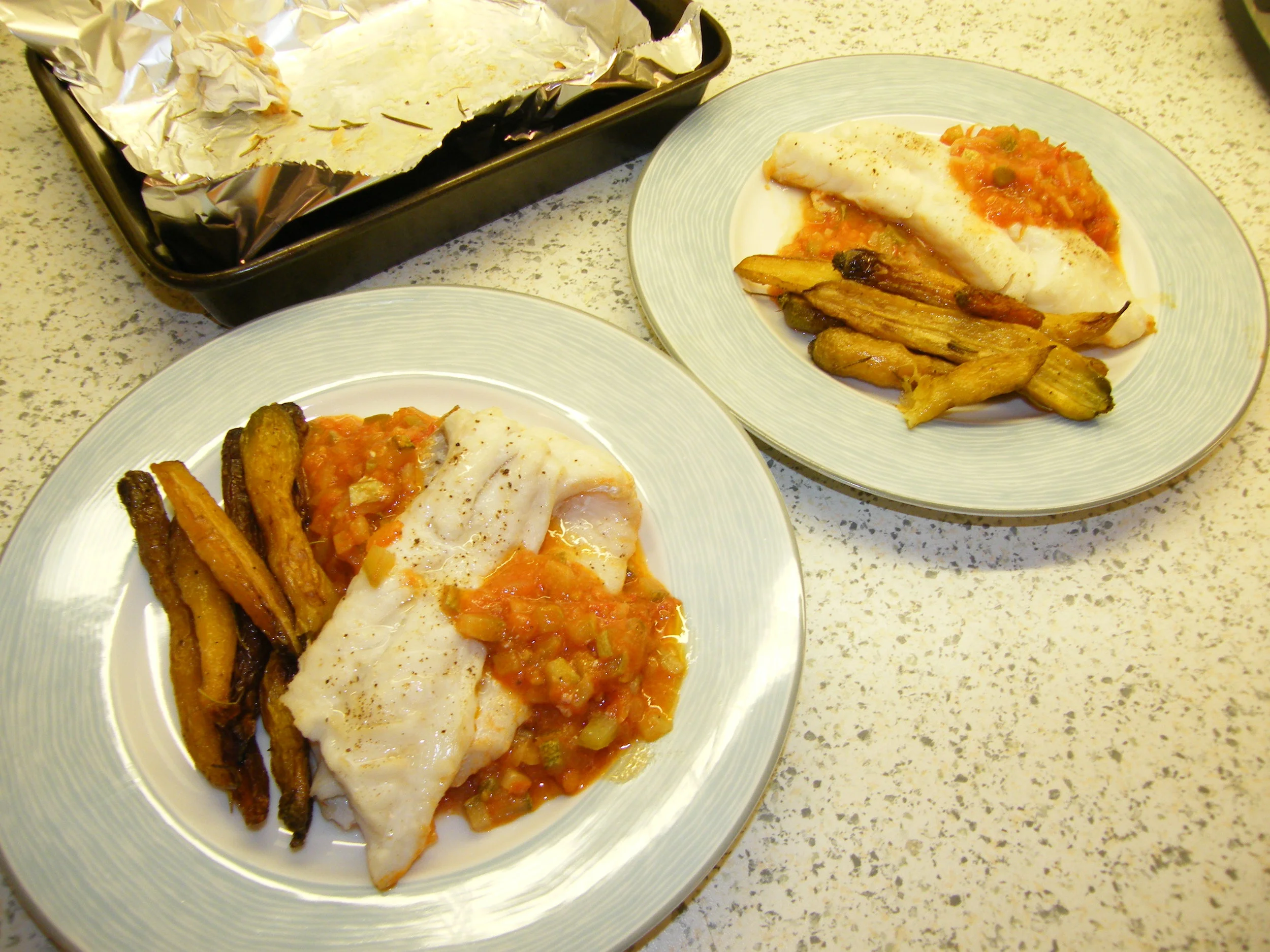 Cod, Courgette & Tomato, Roasted Carrots