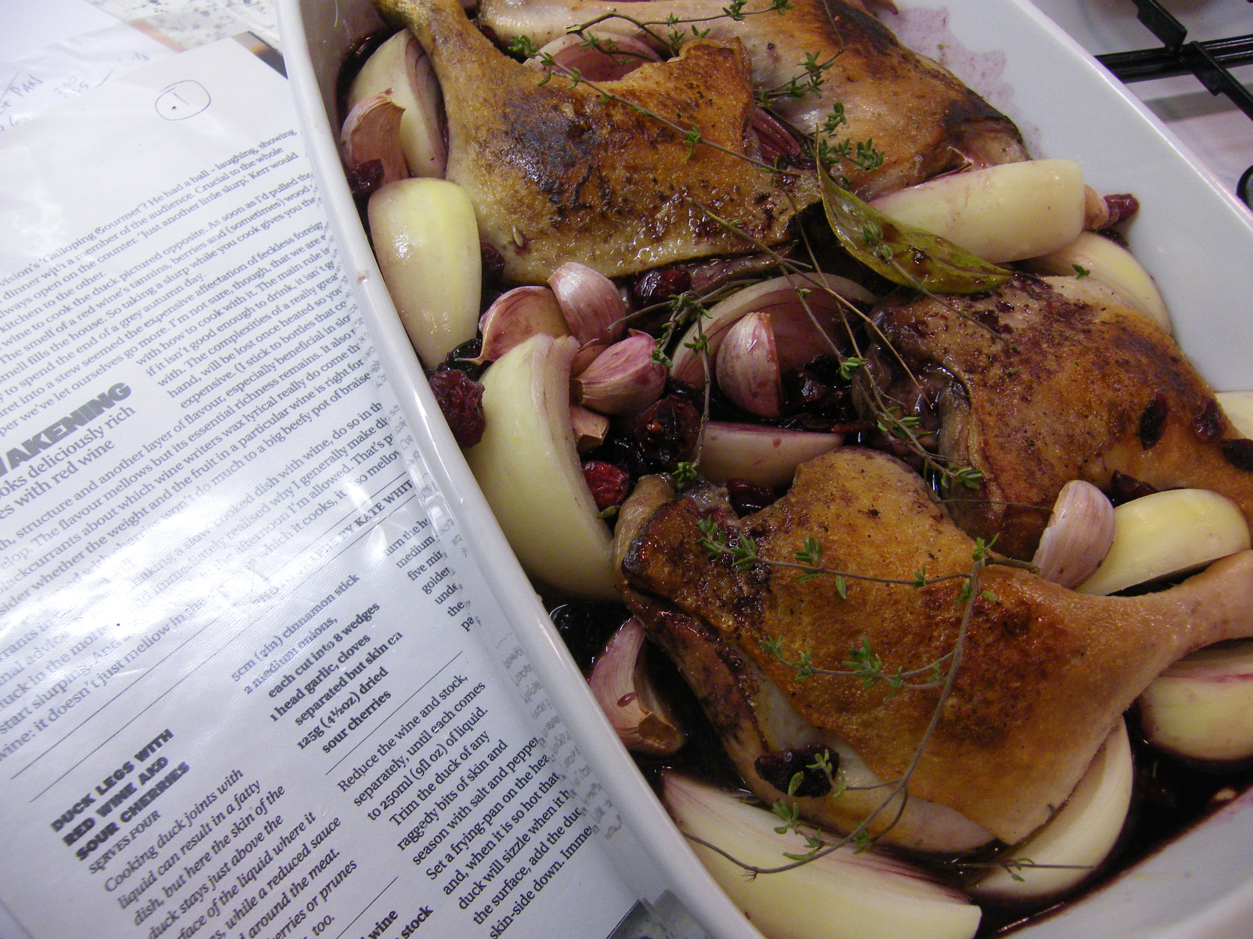 duck legs with red wine and sour cherries