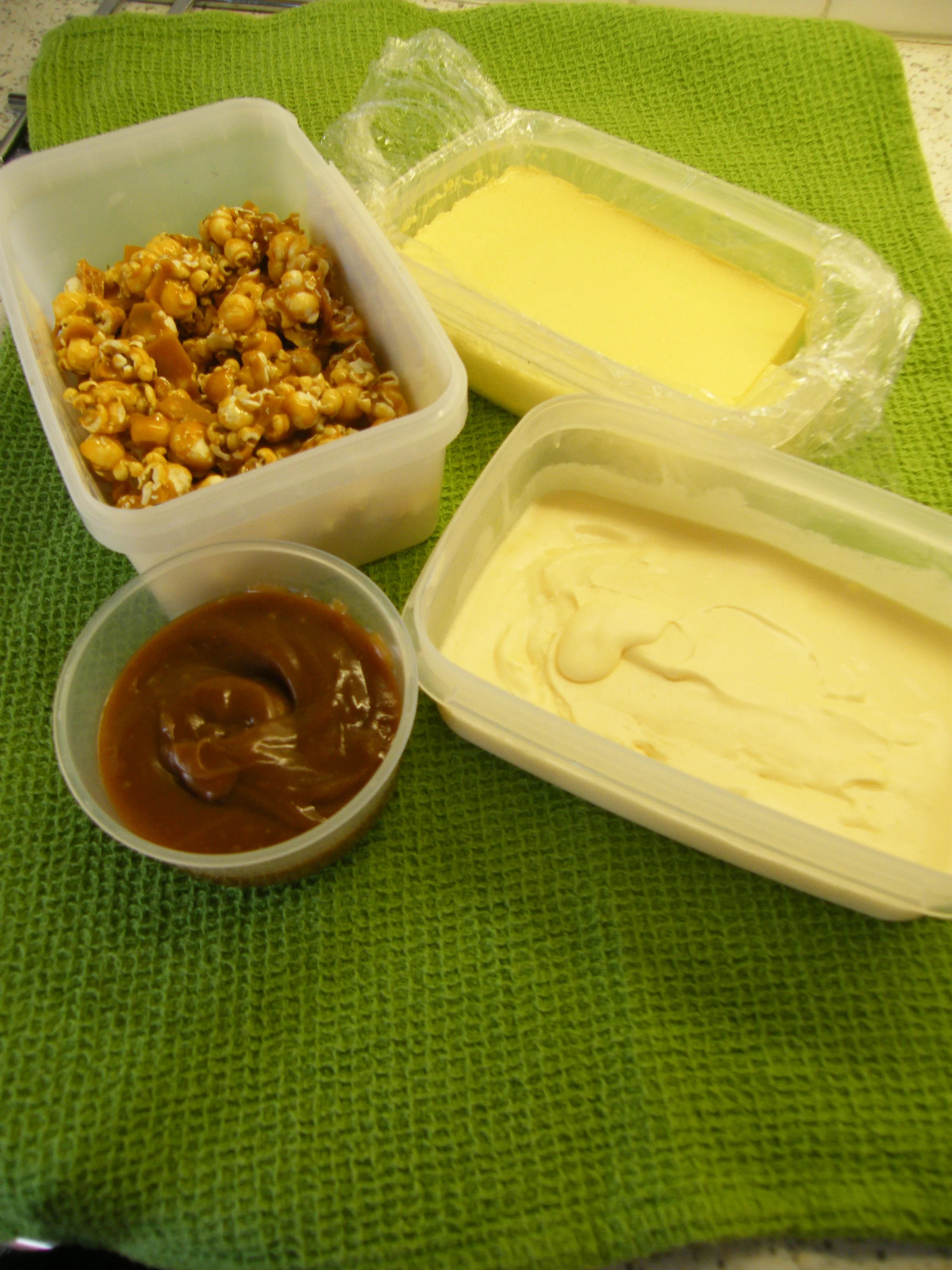 Sweetcorn Cream, Popcorn Ice Cream, Popcorn Craquant and Caramel Sauce