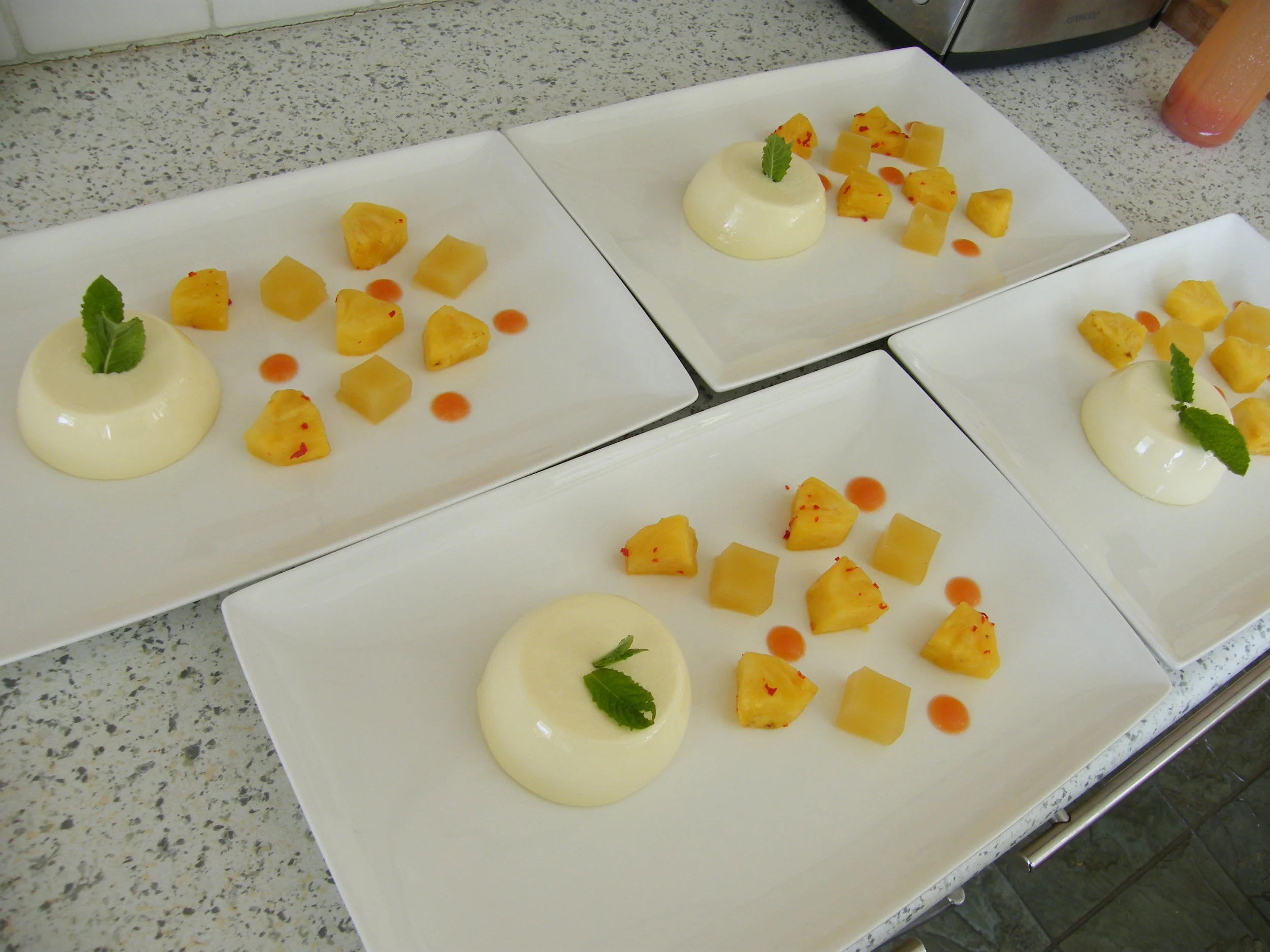Vanilla Panna Cotta, Chilli and Mint Pineapple, Passion Fruit Puree