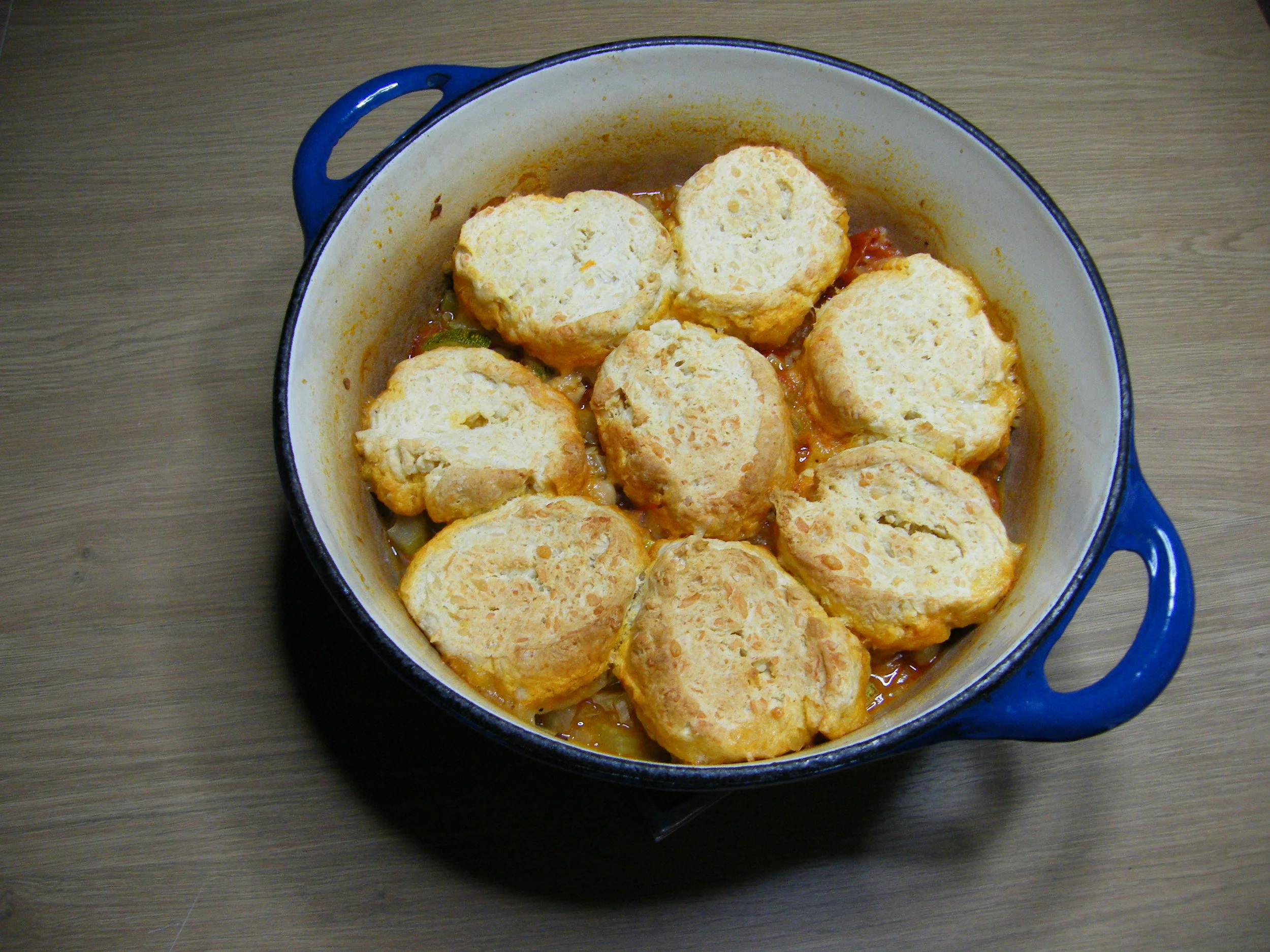 Tomato, chorizo, chickpea stew with cheddar dumplings