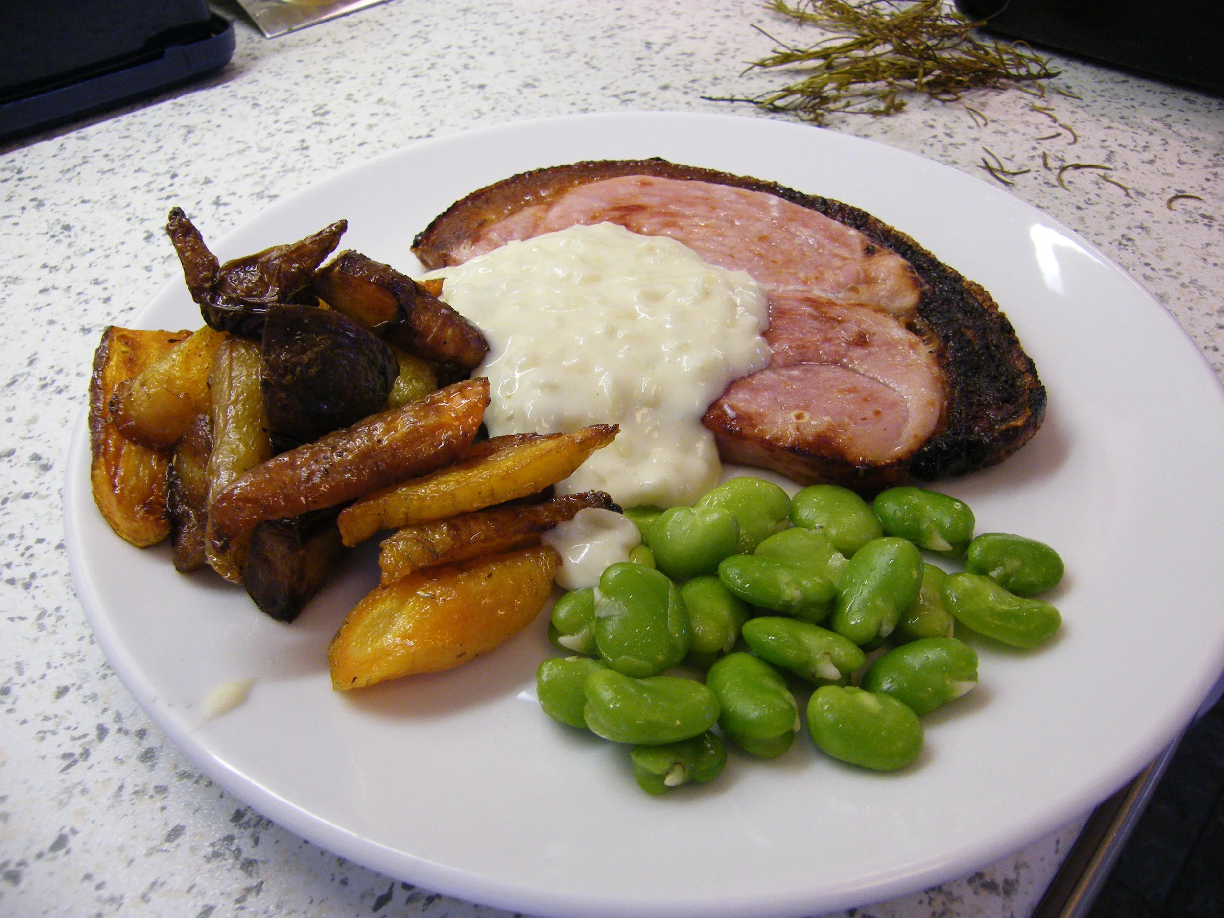Roasted Gammon with Garden Carrots and Broad Beans